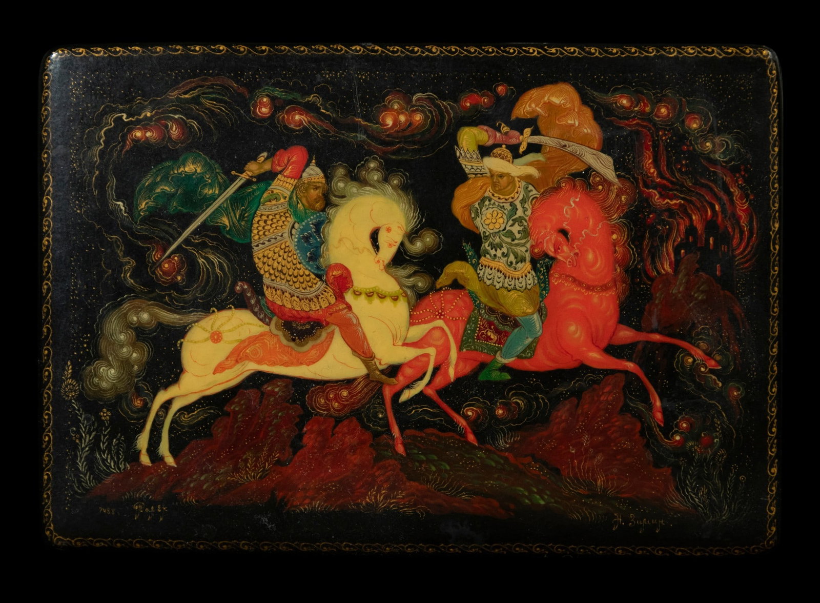 Exquisite 20th Century Russian Hand-Enameled Jewelry Box: Dimensions: 14 x 15 x 4.5 cm