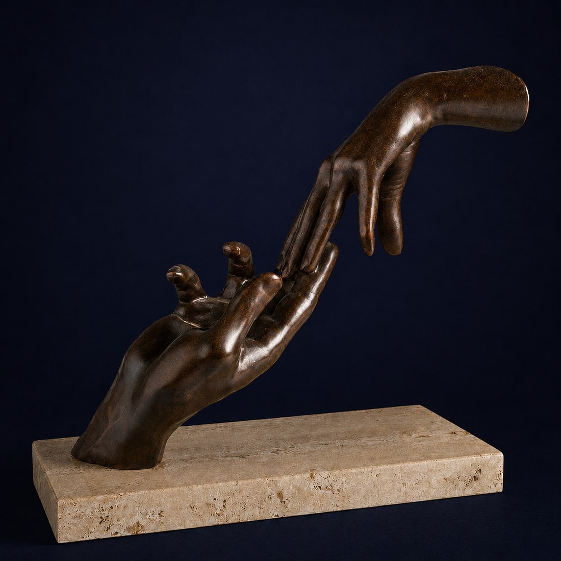 LORENZO QUINN (Rome, 1966) - INTERTWINED HANDS: Bronze resin mounted on travertine marble. Dimensions: 32 x 15 x 29 cm. Signed and numbered on the wrist. 178/999
