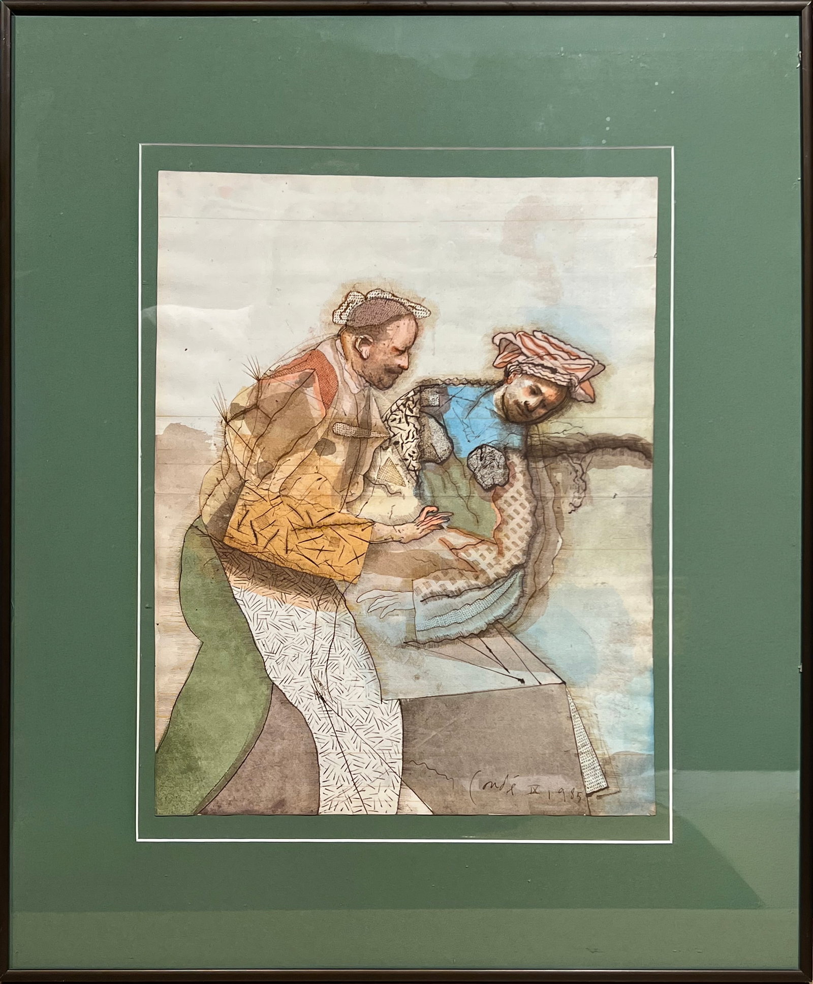Miguel Condé (Pittsburgh, USA, 1939) - "The Mathematicians": Aquatint on paper. Signed. Dimensions: 46 x 36 cm, framed: 71 x 59 cm. Miguel Condé (Pittsburgh, 1939) is a figurative artist specializing in painting, drawing, and printmaking. Of Mexican descent, h