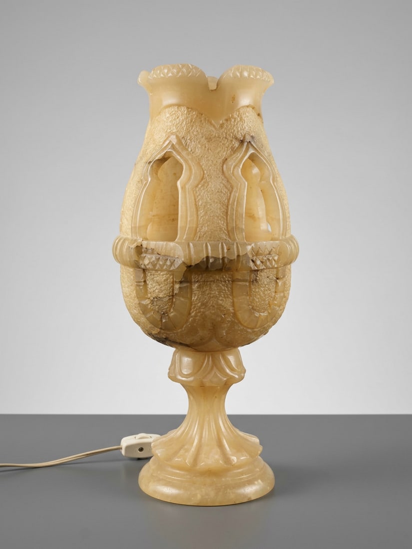 Exceptional alabaster lamp with floral motif, Spain, 20th century (1 of 1)