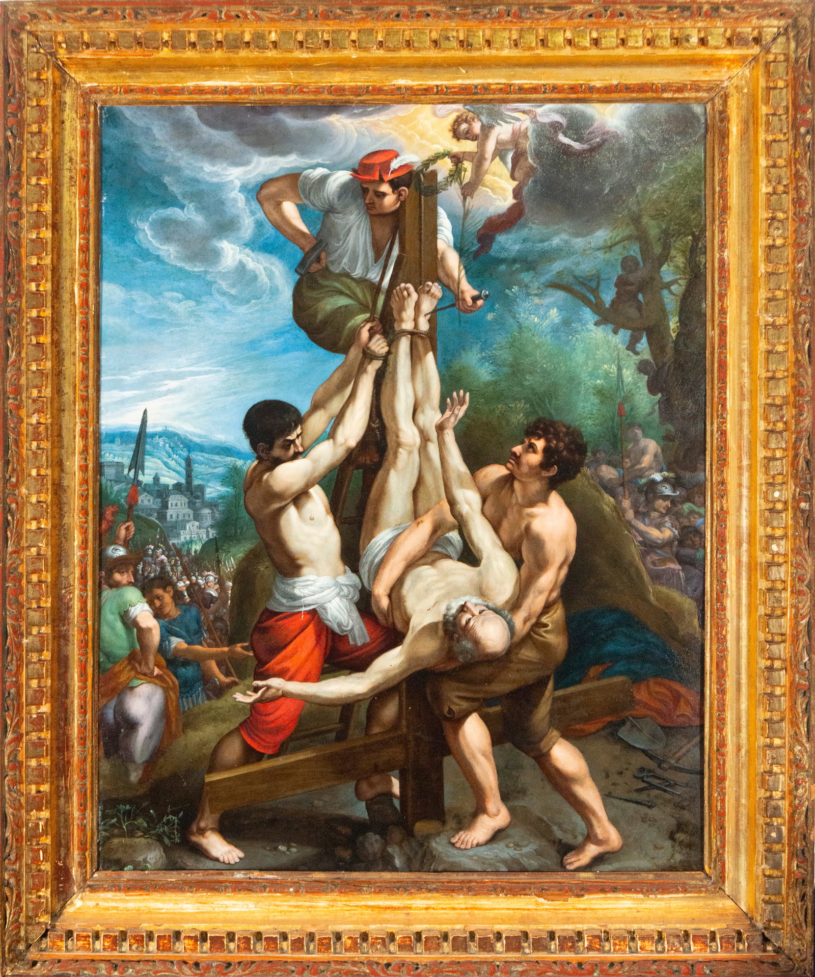 Crucifixion of Saint Peter, Italian School, Early 17th Century: Oil on copper. Dimensions 65 x 50 cm; 81 x 65 cm with frame. A highly dramatic martyrdom scene centered on the inverted crucifixion of Saint Peter, rendered through a complex composition of muscular f