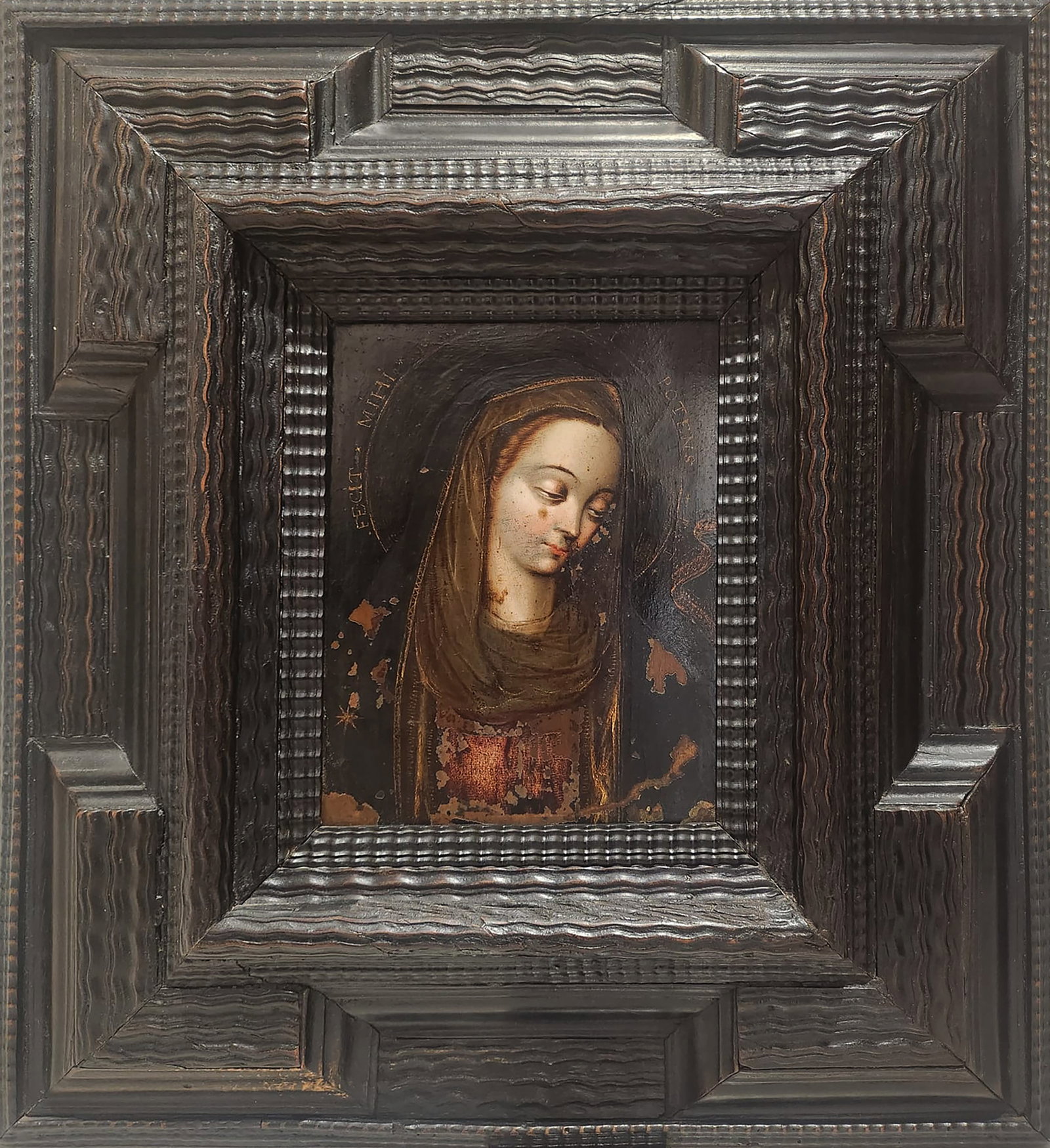 Circle of Lavinia Fontana (Bologna, 1552 - Rome, 1614) - Mater Dolorosa on copper from the 16th: Oil on copper. Dimensions 23 x 15 cm; 51 x 45 cm with frame. Devotional image of Our Lady of Sorrows, conceived as a bust and isolated against a dark background that intensifies the spiritual recollec
