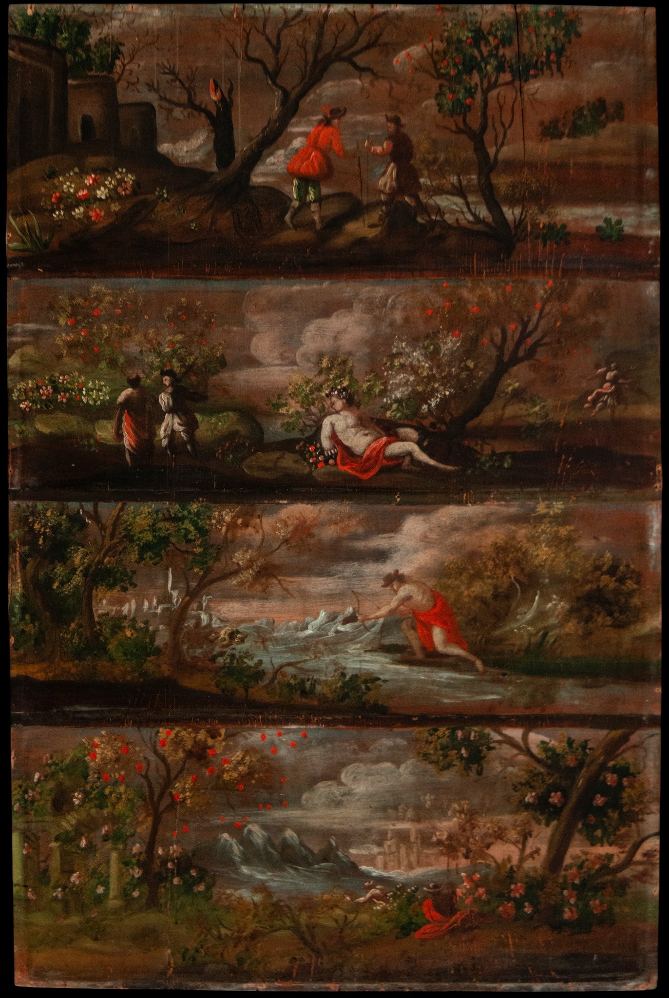 Allegory of the seasons and gallant scenes, European School, late 18th century: Oil on canvas. A unique decorative composition organized in successive horizontal registers where pastoral, mythological, and courtly scenes unfold within a fantastical landscape populated by flowerin