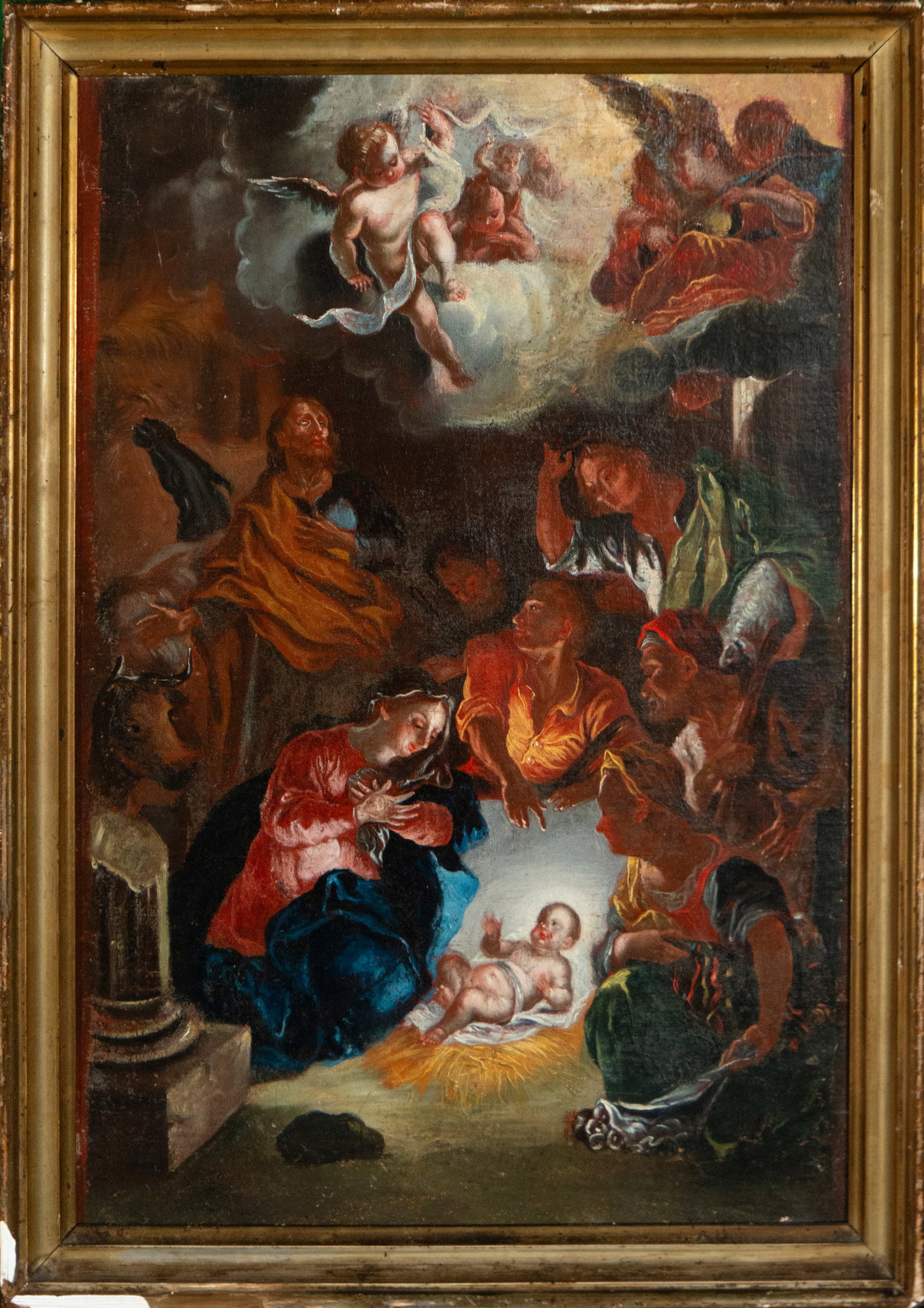 Adoration of the Child, Italian School, 17th Century: Oil on canvas. A Nativity scene conceived with intense Baroque theatricality, where the kneeling Virgin contemplates the Christ Child lying on a bundle of straw, radiating a powerful, supernatural lig