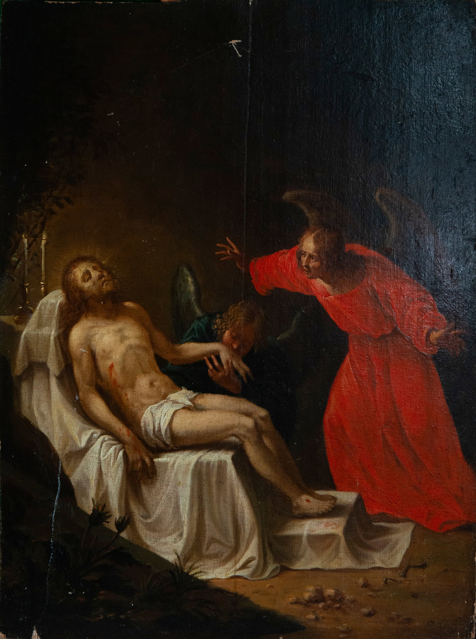 STYLE OF SALVADOR MAELLA (Valencia, 1739-Madrid, 1819) - 18TH CENTURY: Oil on canvas. A dramatic religious composition of intense devotional pathos depicting Christ, semi-nude and prostrate on a white shroud, displaying the wounds of the Passion with highly naturalistic 