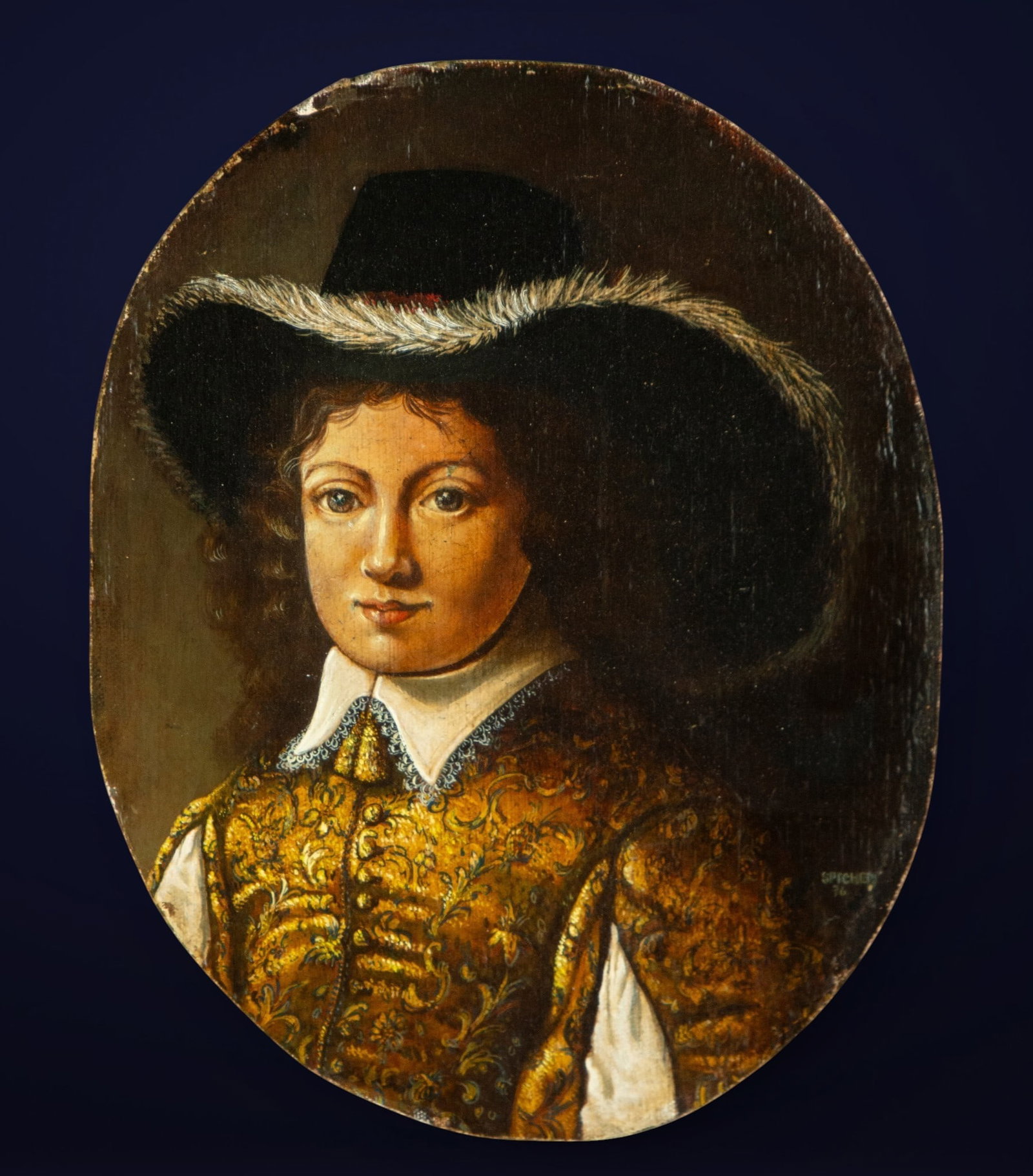 Portrait of a musketeer, French School, 19th century: Canvas mounted on panel. Bust portrait of a young gentleman wearing a wide-brimmed hat adorned with a feather and a rich coat decorated with gold motifs inspired by 17th-century fashion. The figure is