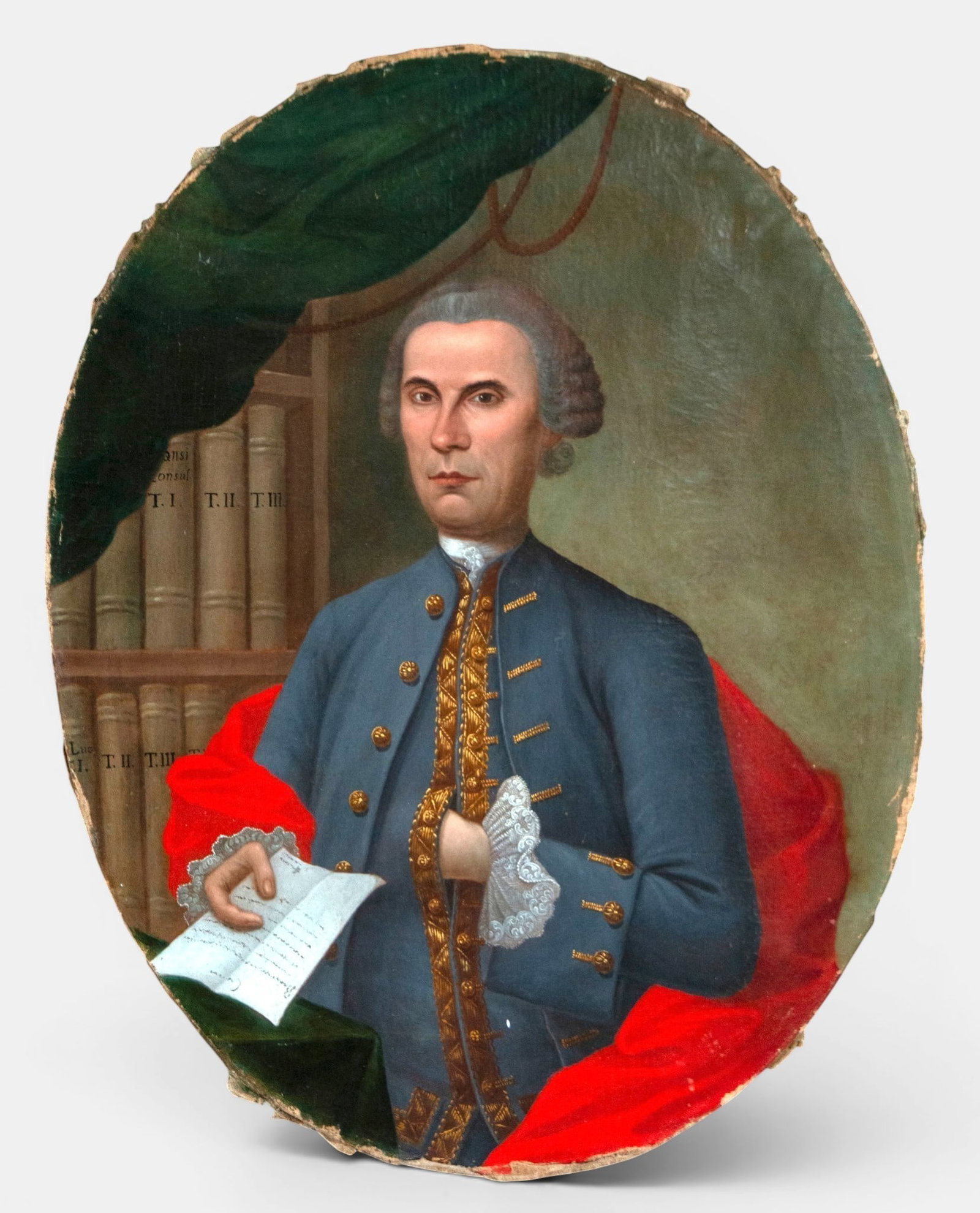 Portrait of a Corregidor - Naples, 18th century, Hispano-Italian school: Oil on canvas. Dimensions: 103 x 79 cm. A portrait of a man of enlightened character, depicted half-length beside a library and holding a handwritten document. The figure wears an elegant blue coat wi