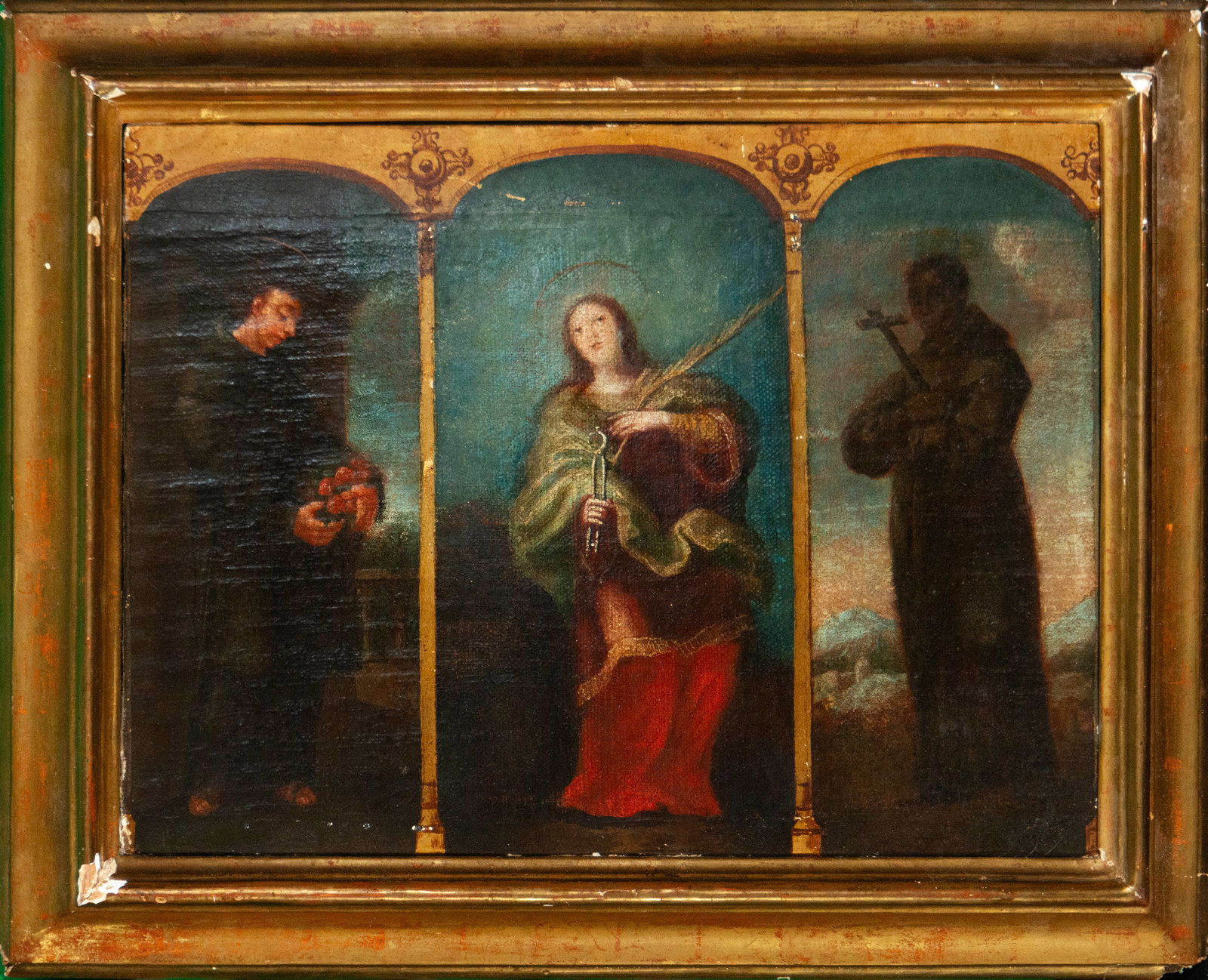Devotional triptych with saints and a female martyr, Spanish School, 17th Century: Oil on canvas. Dimensions: 46 x 33 cm; 56 x 44 cm with frame. Religious composition organized into three architectural sections depicting two Franciscan saints and a central female martyr carrying a p