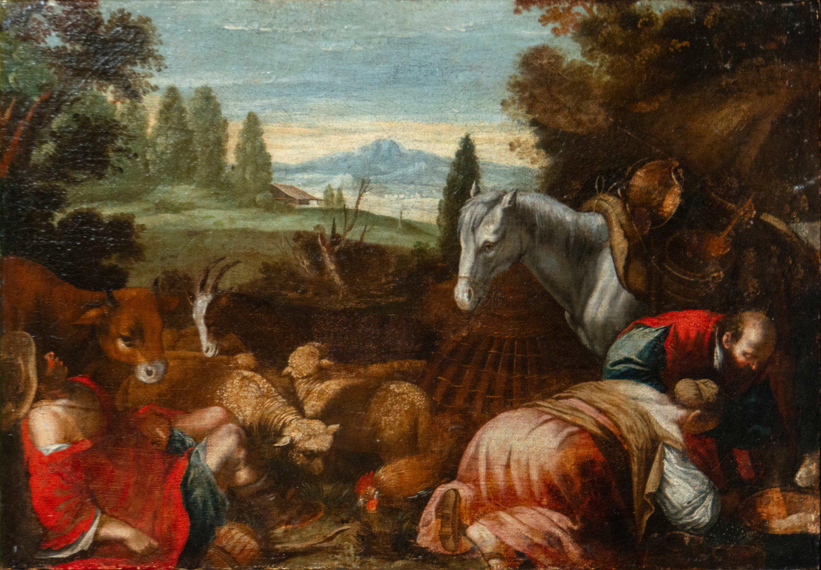 Bassano Brothers, Italian school from the early 17th century: Oil on canvas. Dimensions: 56 x 40 cm. A pastoral scene unfolds in a broad rural landscape where human and animal figures coexist in a dynamic, Venetian-inspired composition. The foreground features s
