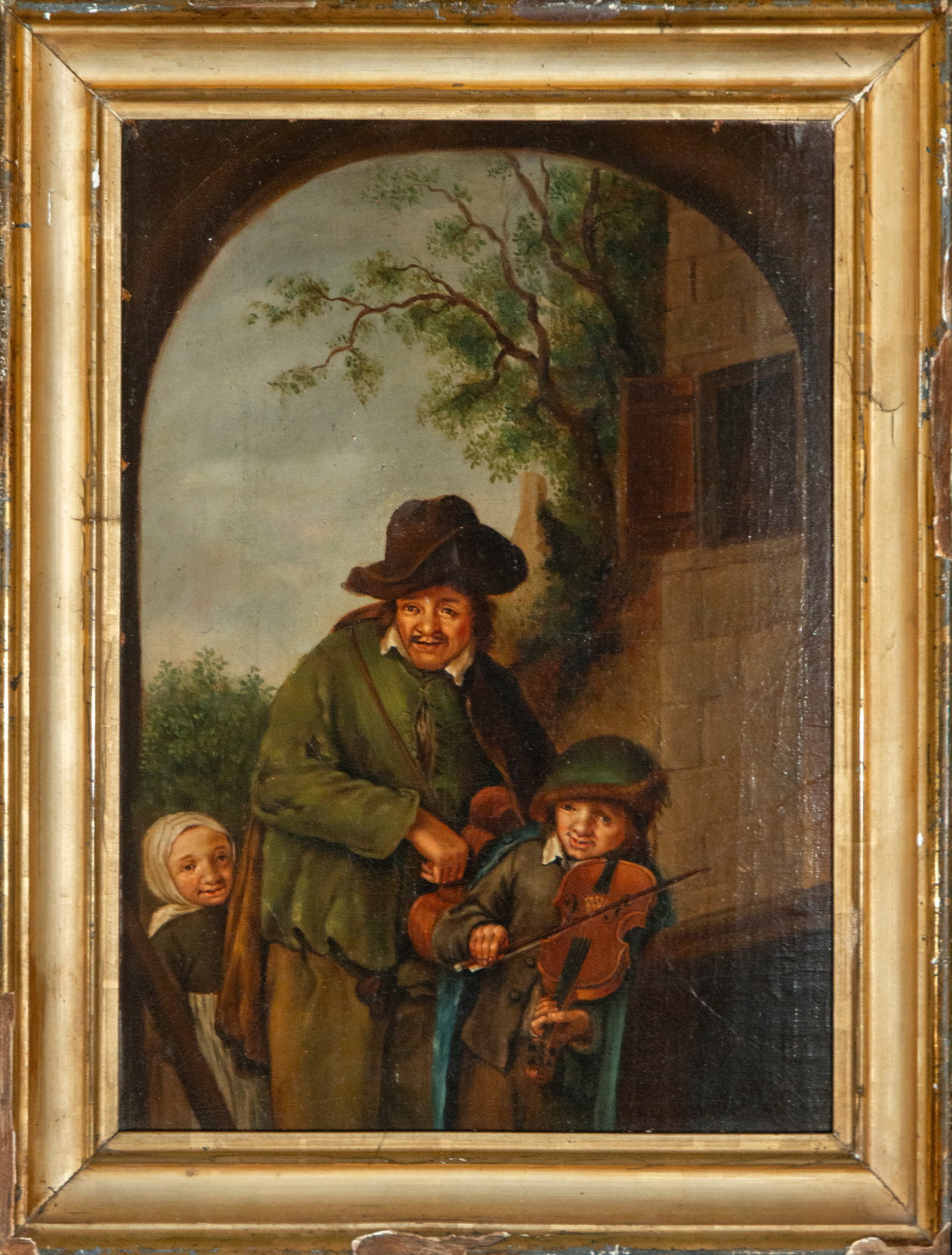 Popular scene with violinist, French School, 19th century: Measurements: 103 x 79 cm. Oil on canvas.