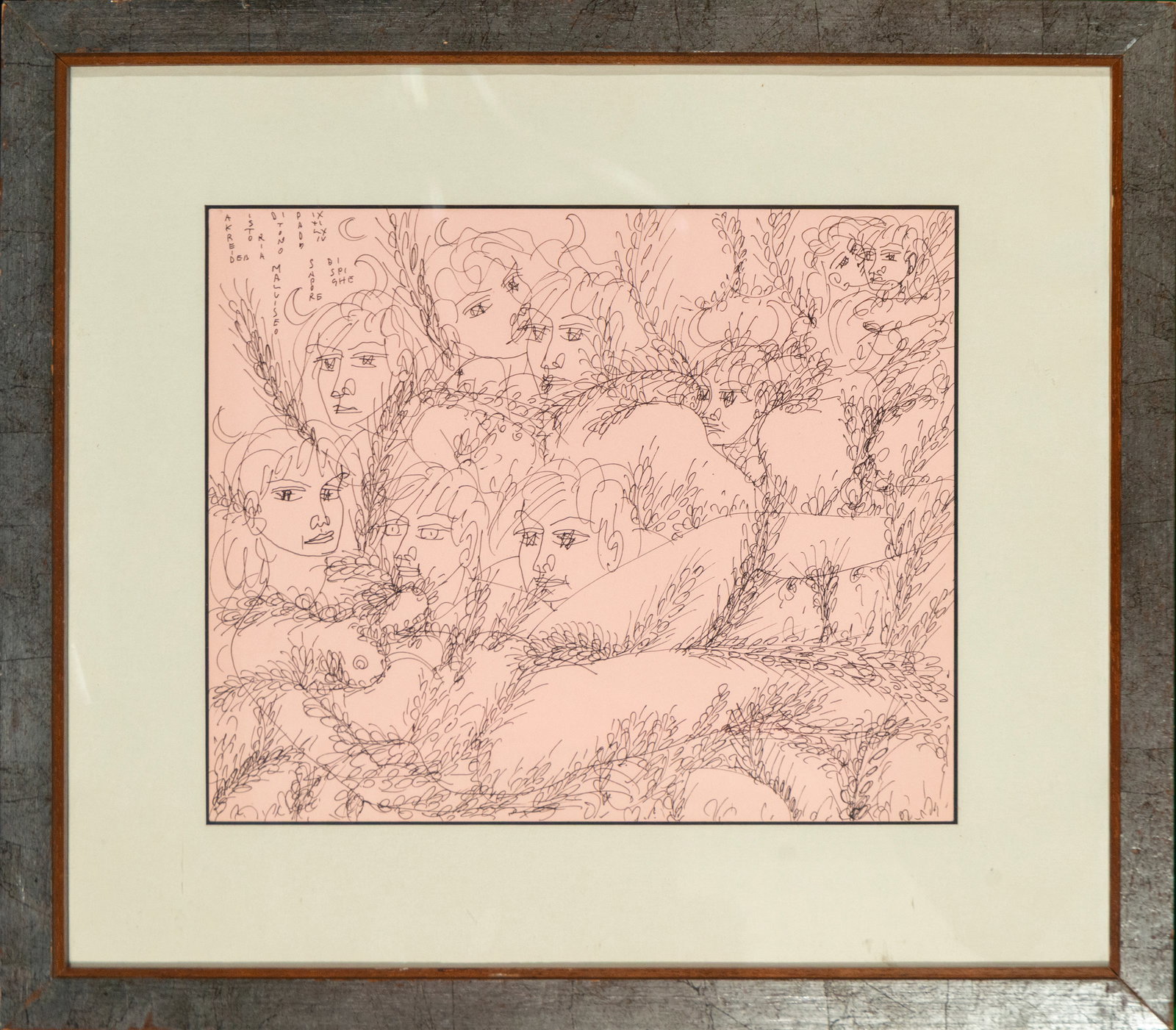 Figure drawing, contemporary school, 21st century: Drawing on paper. Dimensions: 35 x 29 cm; 56 x 48 cm. Linear composition with faces and figures intertwined among plant motifs. The work features spontaneous, expressive, and ornamental brushstrokes o