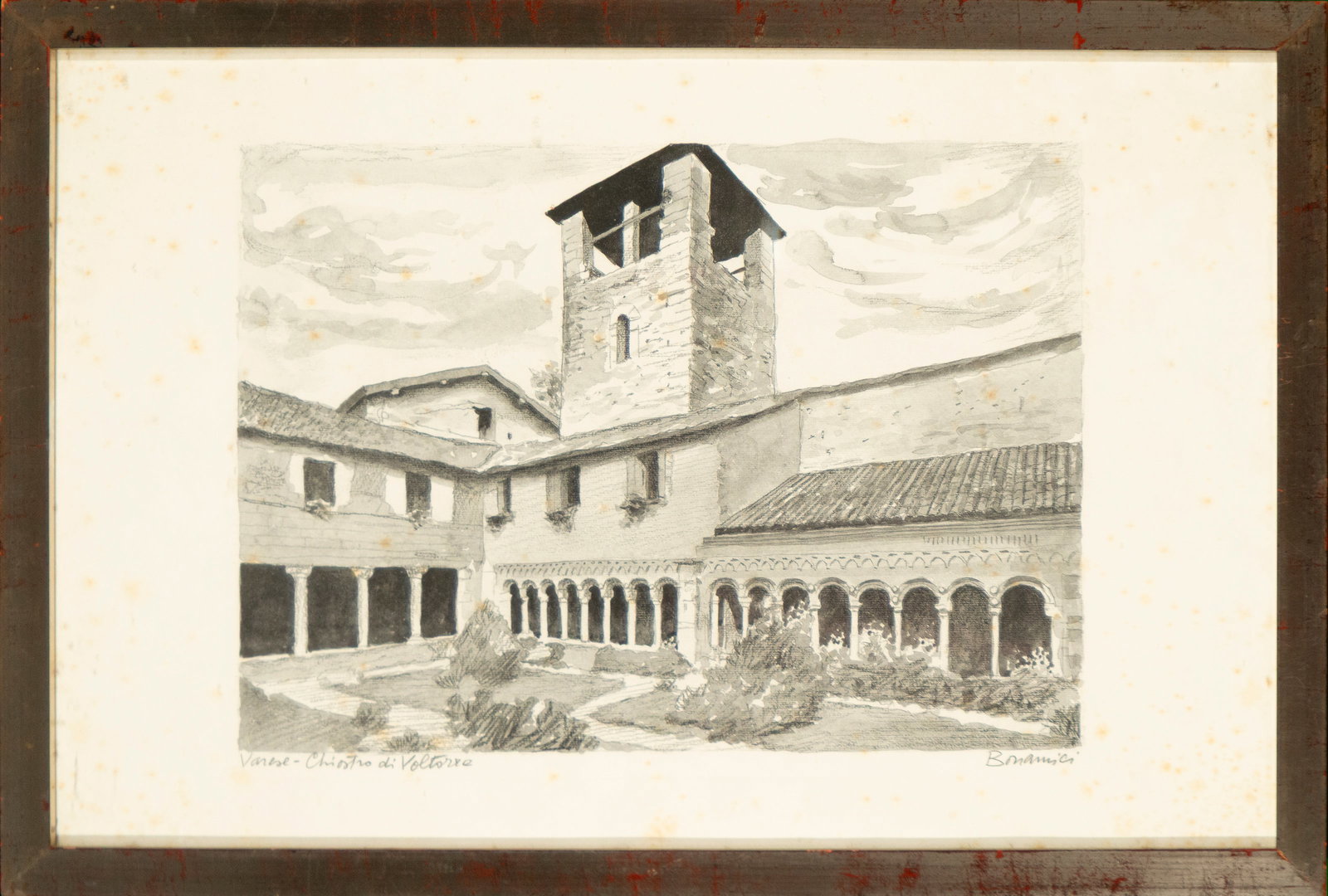 Charcoal drawing of an Italian cloister, signed Bonamici, Italian School, 20th century (1 of 4)