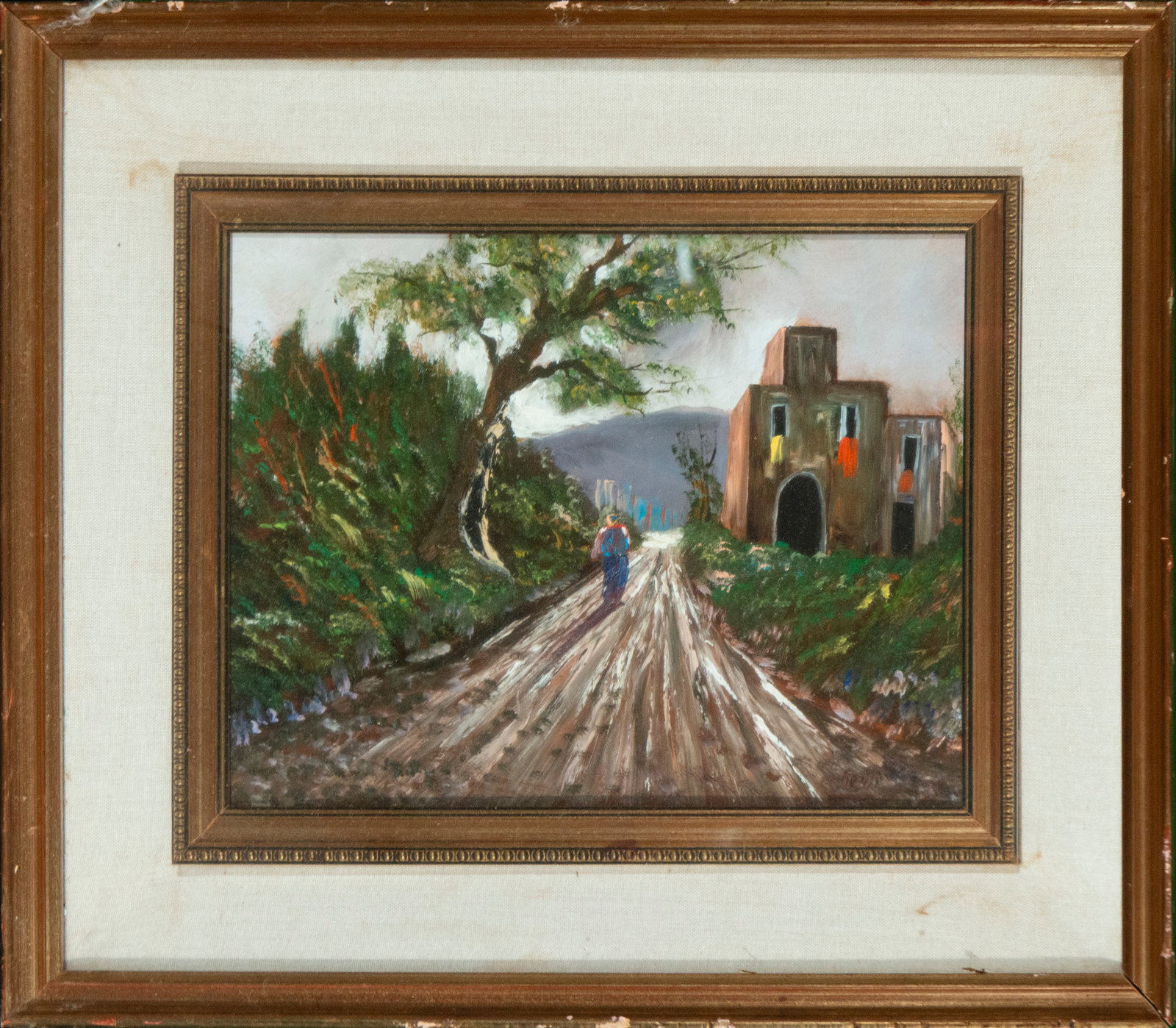 Rural road with figure, European School, 20th Century: Oil on panel. Rural scene with a dirt road, a walking figure, and vernacular architecture, rendered with dark colors and spontaneous brushstrokes. Dimensions: 36 x 26 cm; 57 x 47 cm.
