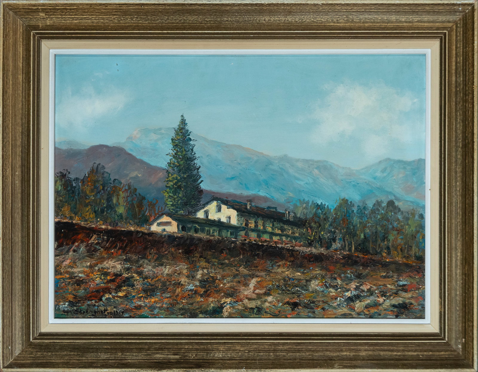 Mountain landscape with house. Signed, European School, 20th century.: Oil on canvas. Landscape view with an isolated house and a mountain range in the background, executed with dense brushstrokes and cool, earthy tones. Signed. Dimensions: 71 x 50 cm; 87 x 67 cm.