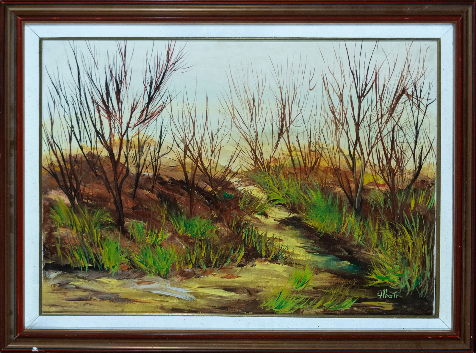 Riverside Landscape, Signed Alberti, European School, 20th Century: Oil on canvas. Landscape composition with riverside vegetation and a watercourse, highlighting the agile brushstrokes and naturalistic color palette. Signed Alberti. Dimensions: 70 x 49 cm; 84 x 63 cm