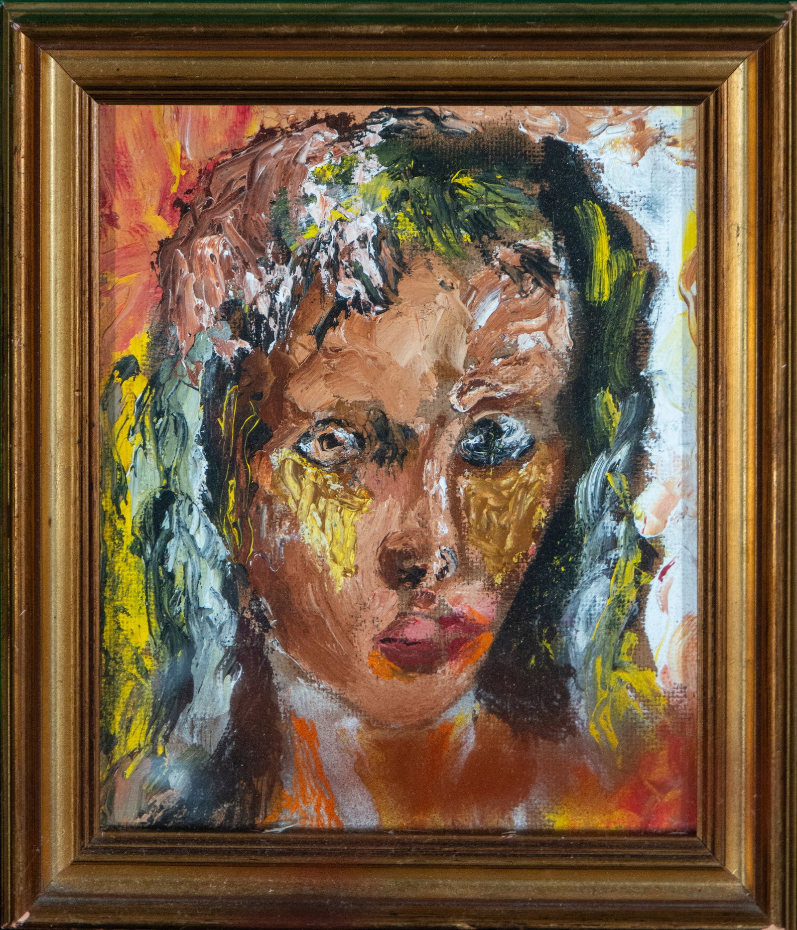 Expressionist portrait of a woman, Spanish School, 21st century: Oil on panel. A composition of intense expressionist character centered on a female bust rendered with thick layers of paint and gestural brushstrokes of great visual energy. The face emerges from a b