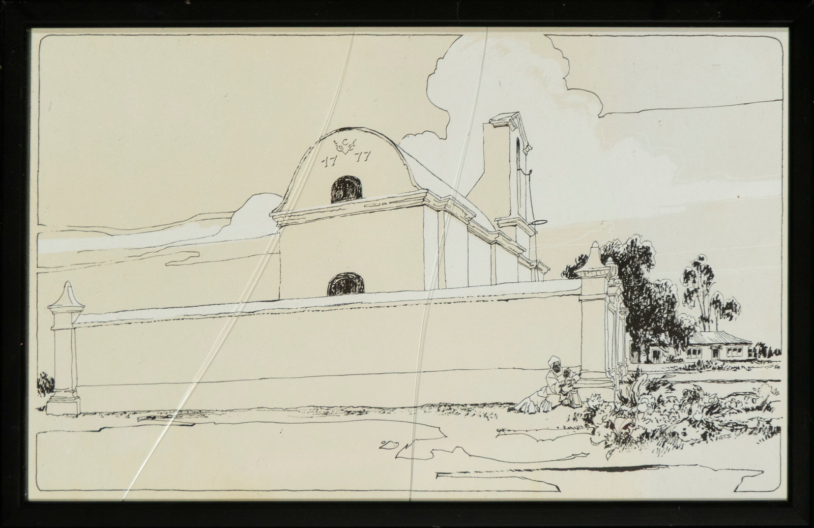 Architectural drawing, Contemporary School, 21st Century: Ink on paper. Dimensions: 38 cm x 22 cm; 41 cm x 25 cm. Architectural view of a church with a perimeter wall, bell tower, and lateral vegetation, executed with clean lines and a restrained composition