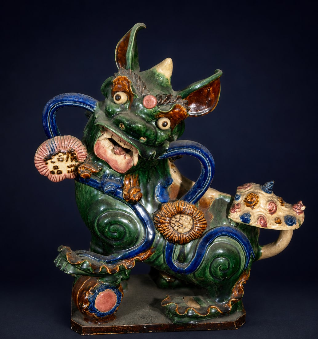 Chinese dragon figure, Oriental School, 20th Century: Polychrome glazed ceramic. Dimensions: 57 cm x 50 cm x 25 cm. Large-format oriental figure depicting a fantastical creature, possibly a dragon or guardian, decorated with vibrant green, blue, honey, a