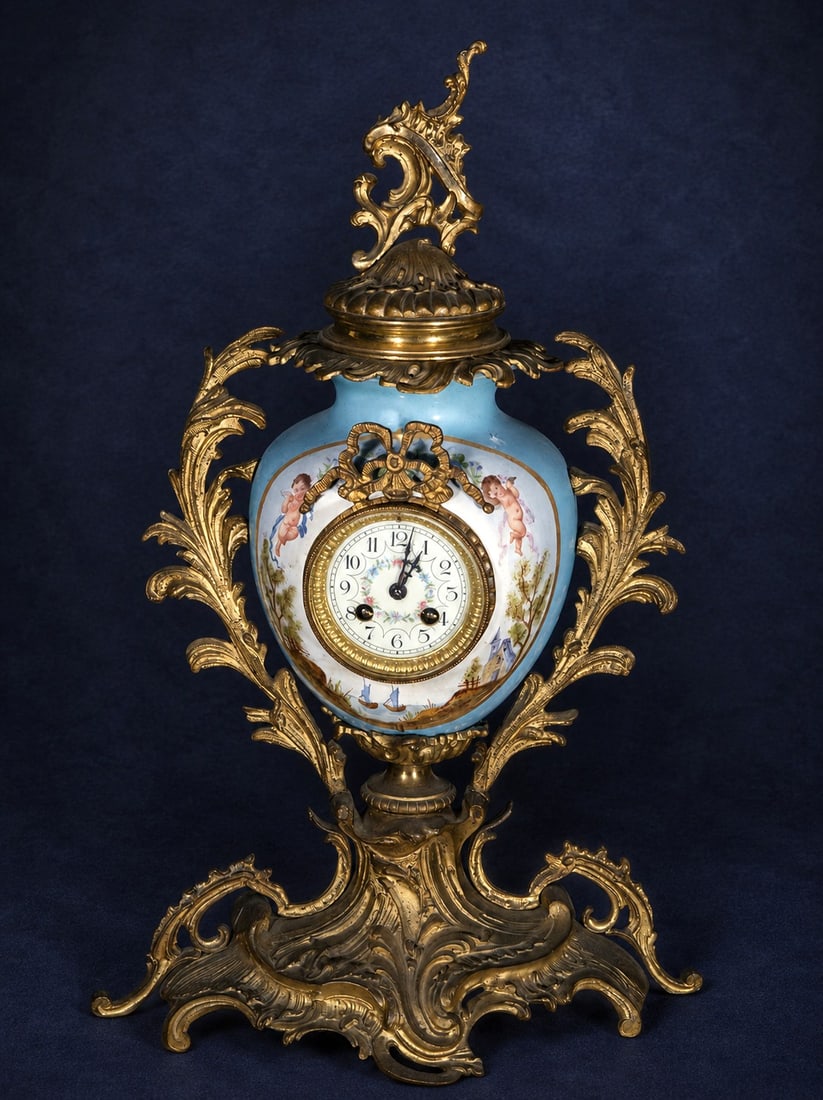 Bronze and porcelain mantel clock from Paris, French School, 19th century: Gilded bronze and polychrome porcelain. A monumental mantel clock composed of an ovoid central case decorated with landscape scenes, cherubs, and floral motifs on a sky-blue background, supported by a