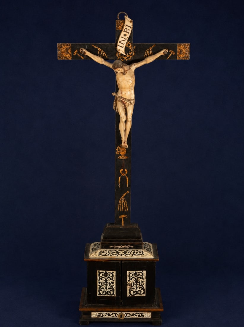 Important 17th century Mexican colonial crucifix with reliquary cabinet at the base (1 of 7)