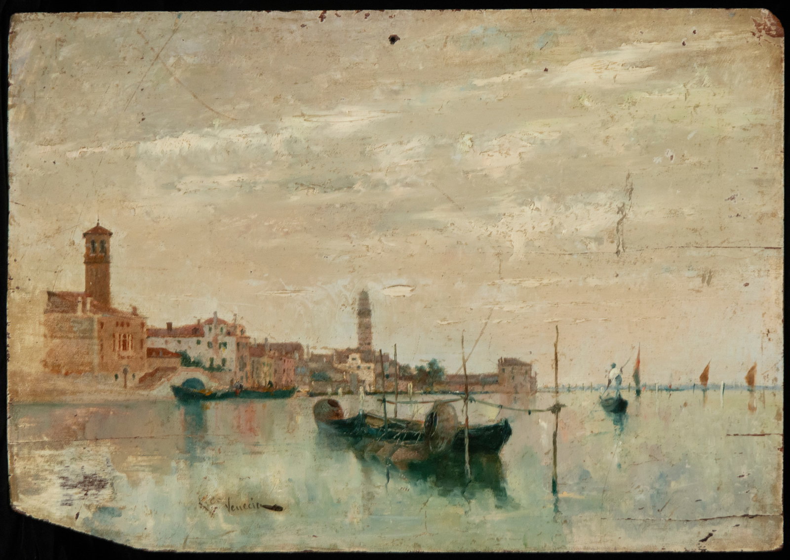 Signed Venetian seascape, Italian School, 19th century: Oil on panel. View of a Venetian canal with boats at rest and urban architecture reflected on calm waters under a softly luminous atmosphere. The composition is organized by an open perspective that l