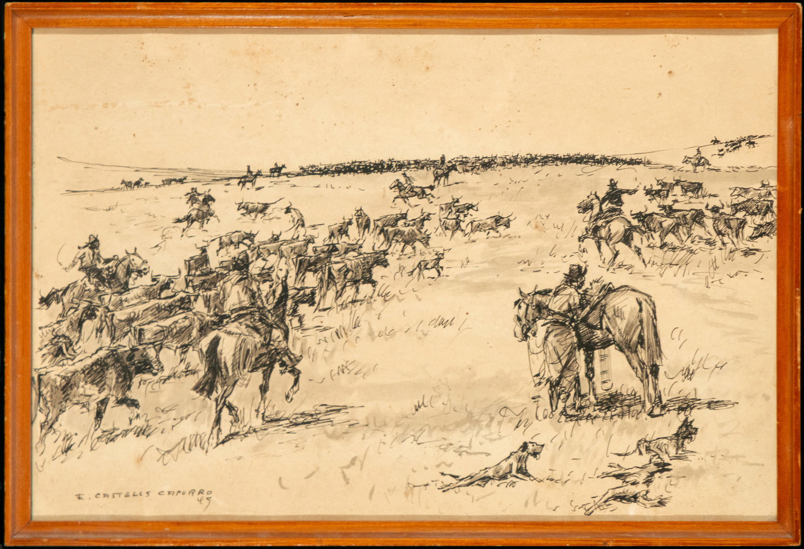 Scene of cattle ranching and herding, signed by E. Castells Capurro, Spanish School, 20th Century: Ink drawing on paper. A broad rural scene of grazing composed of numerous equestrian figures, scattered livestock, and dogs distributed across an open landscape of great spatial depth. The artist deve