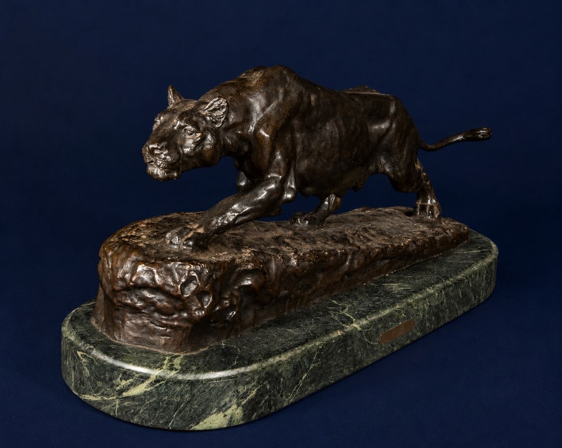 Lioness in Bronze - Isidore-Jules Bonheur (1827-1901): Patinated bronze sculpture on a green marble base. A panther figure is captured in a stealthy advance, its body tense and musculature defined as it moves one of its forelegs across rocky terrain. The 