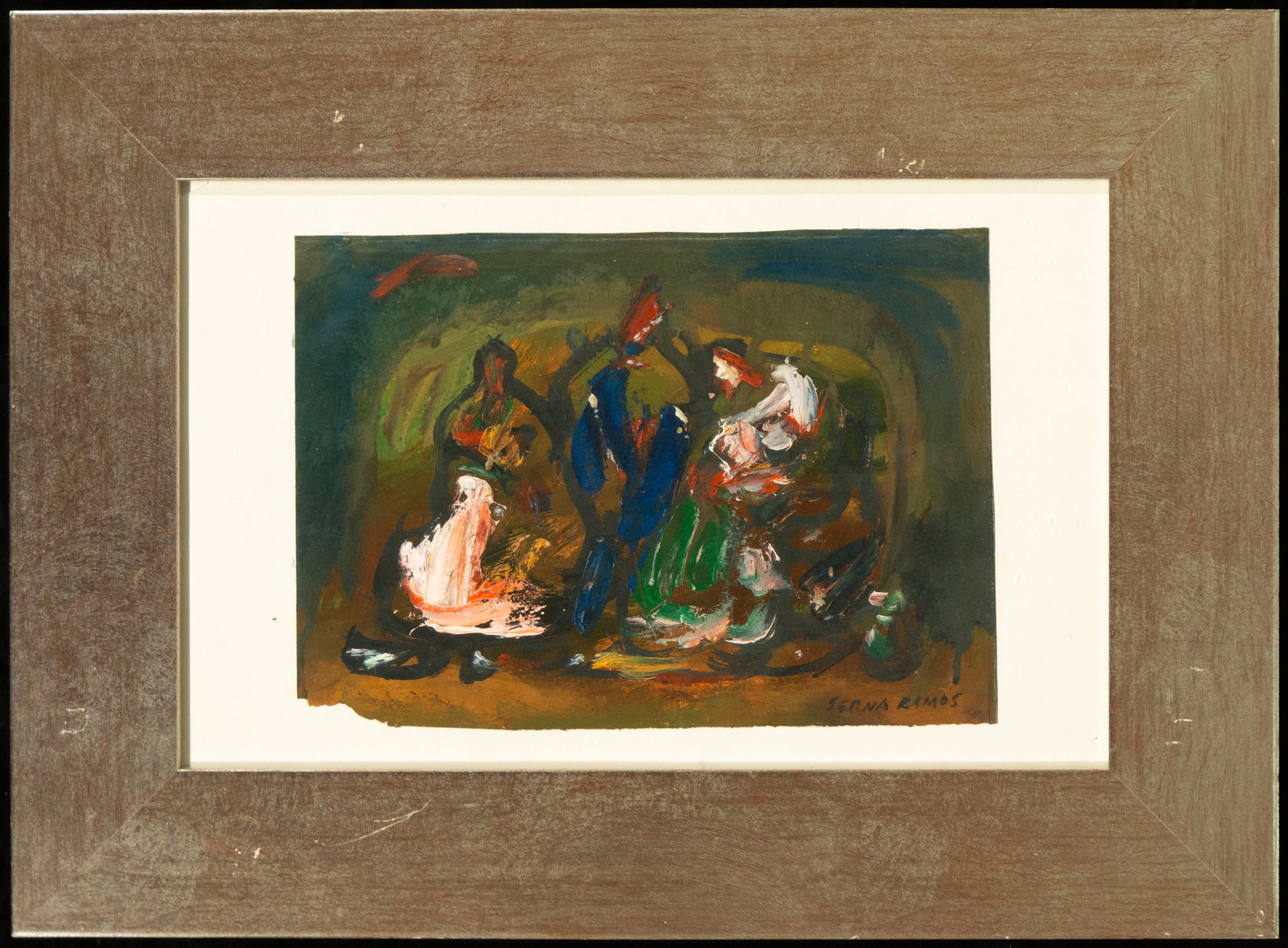 Abstract seascape, Signed José Antonio Serna Ramos, Contemporary Spanish School, 20th Century: Oil on paper. An abstract marine scene constructed with vigorous patches of color and free brushstrokes that suggest figures, boats, and reflections on a nocturnal aquatic environment. The composition