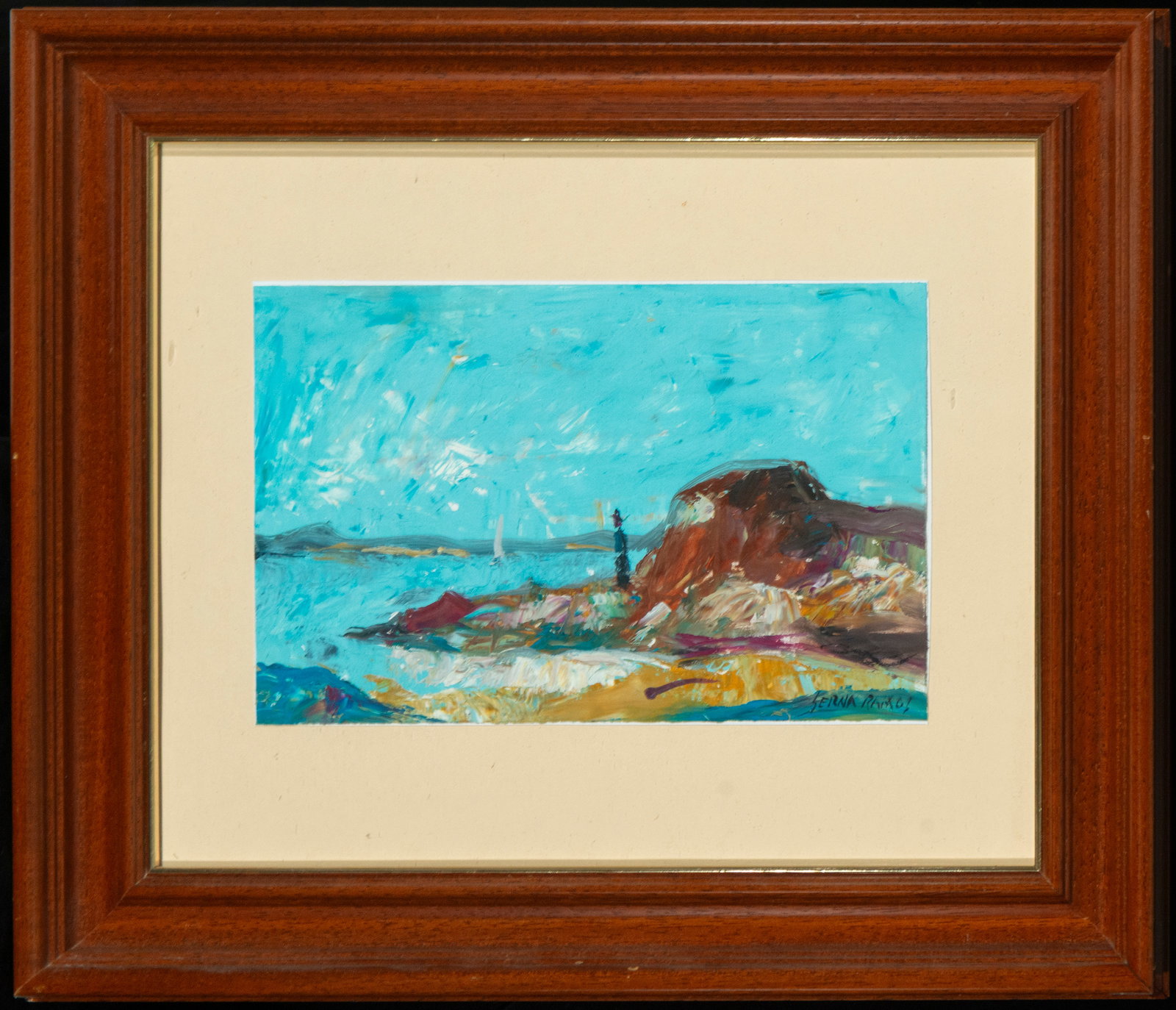 The Lighthouse, Signed José Antonio Serna Ramos, Contemporary Spanish School, 20th Century: Oil on paper. Dimensions: 24 x 17 cm / 42 x 37 cm. An expressionistic landscape composition centered on a rocky coastline dominated by the silhouette of a lighthouse against an open sea horizon. The s