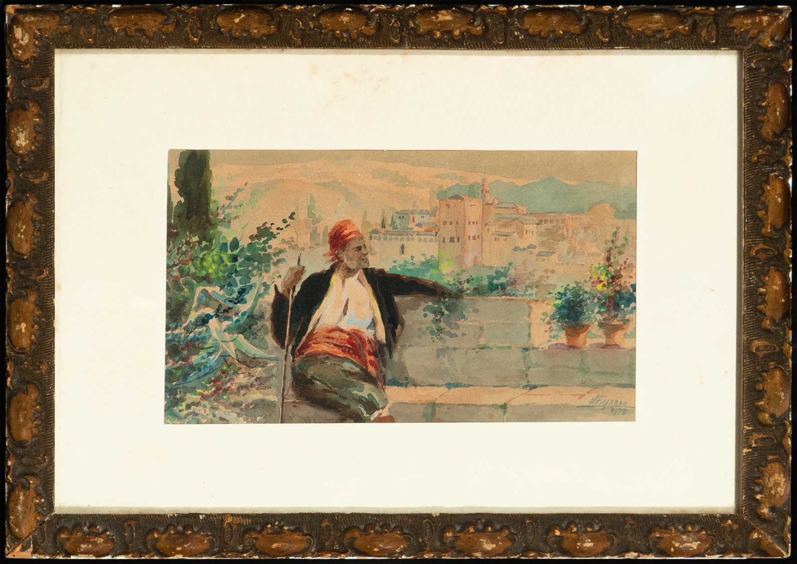 Man seated before an urban landscape, Signed Fajardo 1998, Contemporary Spanish School, 20th Century: Watercolor on paper. Dimensions: 23 x 14 cm / 38 x 29 cm. A delicate genre scene centered on a man seated beside a garden terrace, from which he contemplates a sweeping urban vista with Andalusian und