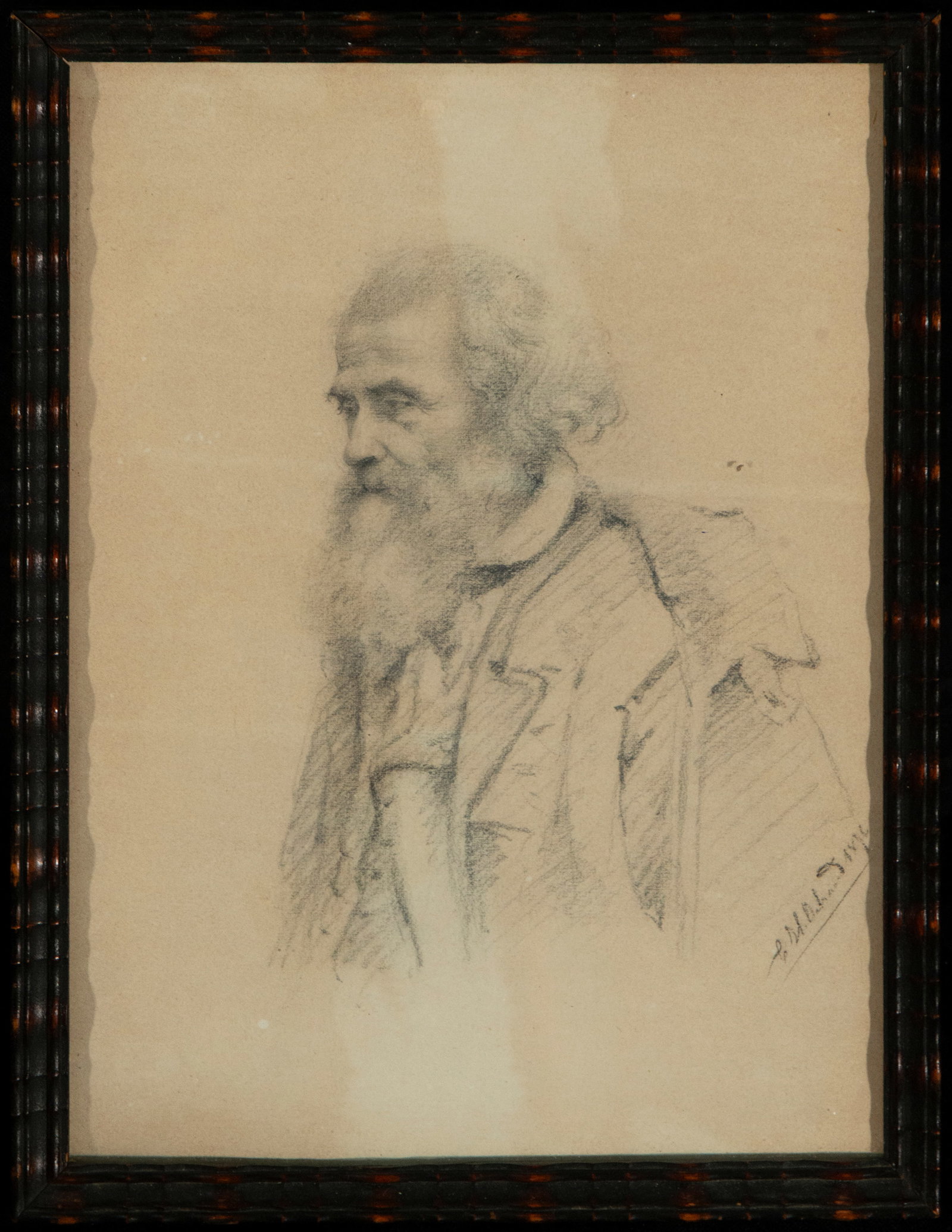 Drawing of an elderly gentleman, Signed, Spanish School, 19th Century: Graphite on paper. Dimensions: 24 x 17 cm; framed 25 x 19 cm. Three-quarter bust portrait of a man, facing left and characterized by a long beard and abundant gray hair. The subject is dressed in a ja