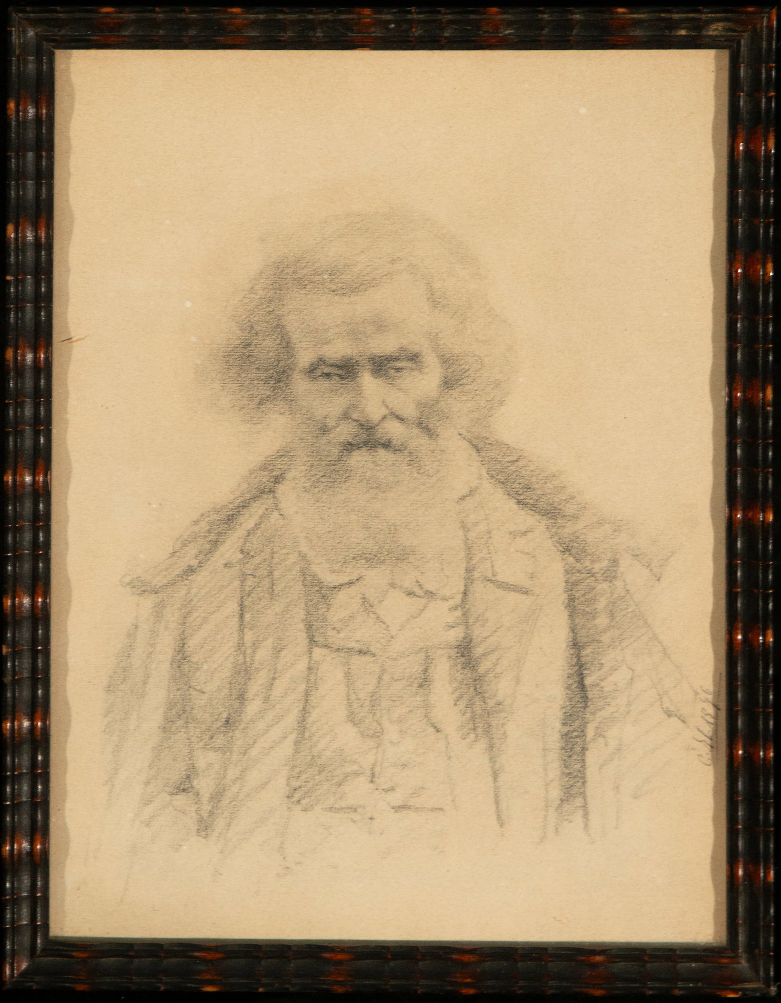 Portrait of an elderly gentleman, Signed, Spanish School, 19th Century: Graphite on paper. Dimensions: 24 x 17 cm; framed 25 x 19 cm. Half-length portrait of a man, facing forward, slightly turned, characterized by a thick beard and disheveled hair that lend expressive in