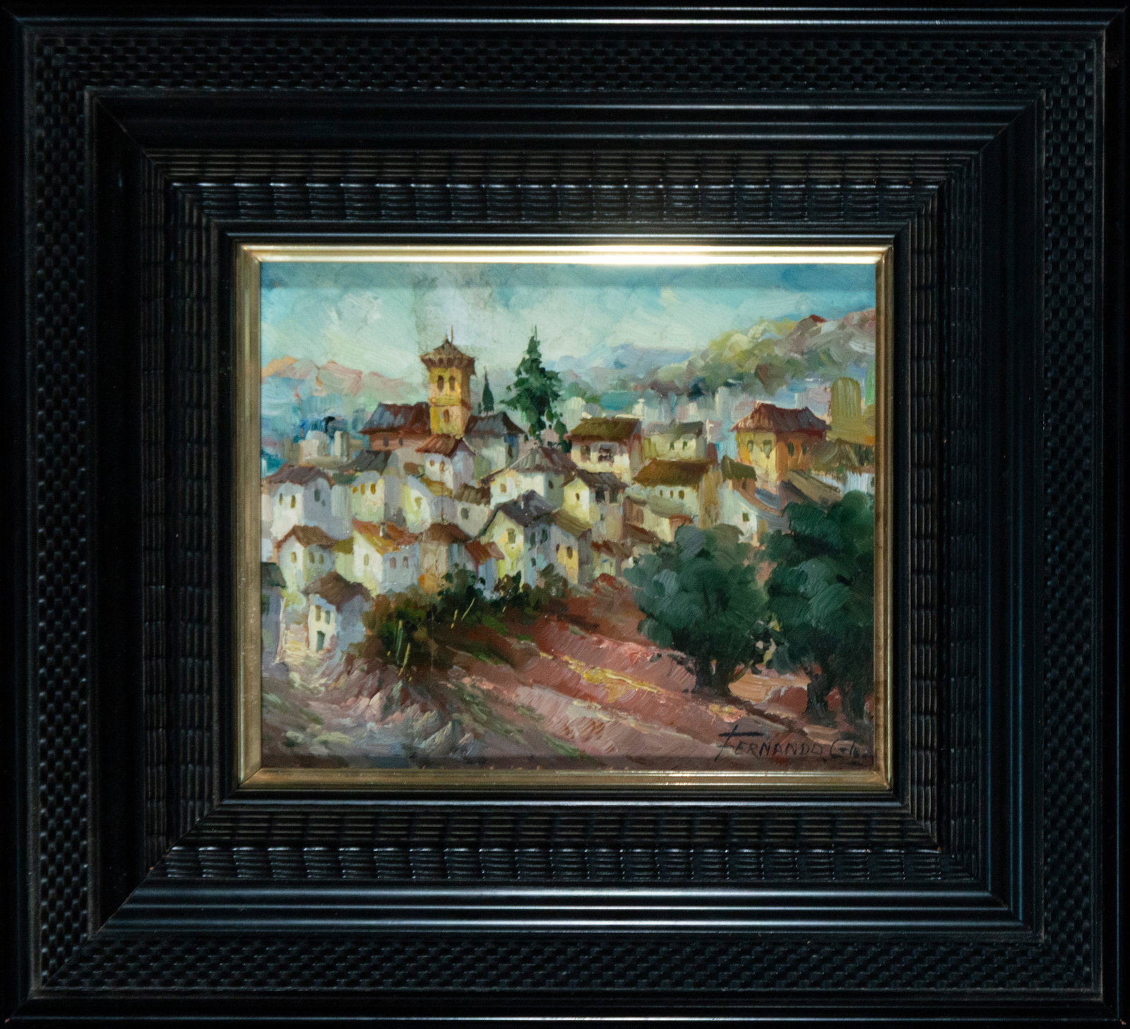 Village landscape, Signed, Spanish School, 20th Century: Oil on panel. Dimensions: 22 x 18 cm; framed 38 x 34 cm. View of a Mediterranean town nestled on a hillside, characterized by whitewashed houses, reddish roofs, and a bell tower that dominates the com