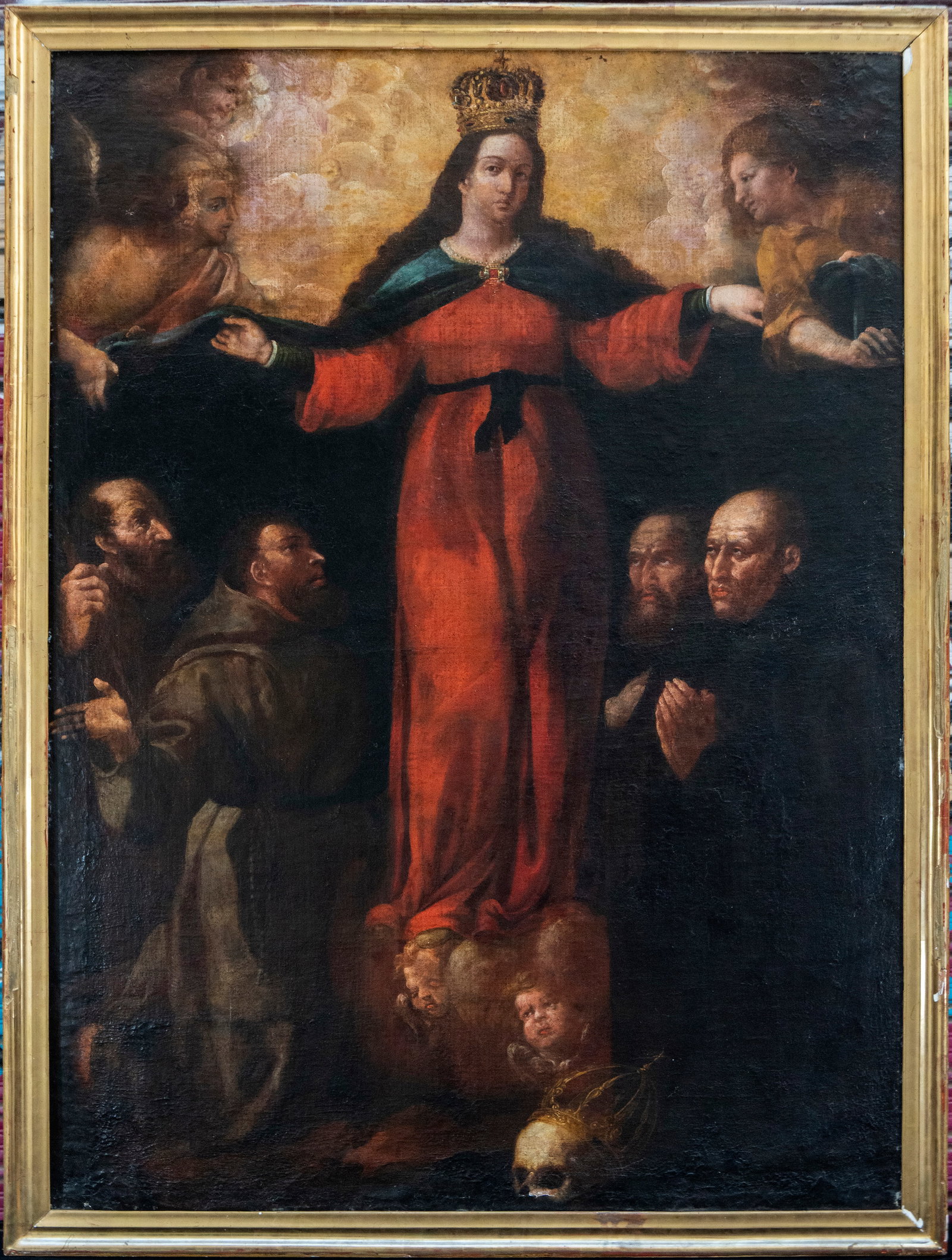 Grand Coronation of Mary - Attributed to Manuel Tramulles (Barcelona, ??1715 - 1791): Oil on canvas. Dimensions: 151 x 110 cm; framed 159 x 119 cm. Religious composition presided over by the crowned Virgin, situated on clouds and cherubs, with her arms outstretched in a protective gest
