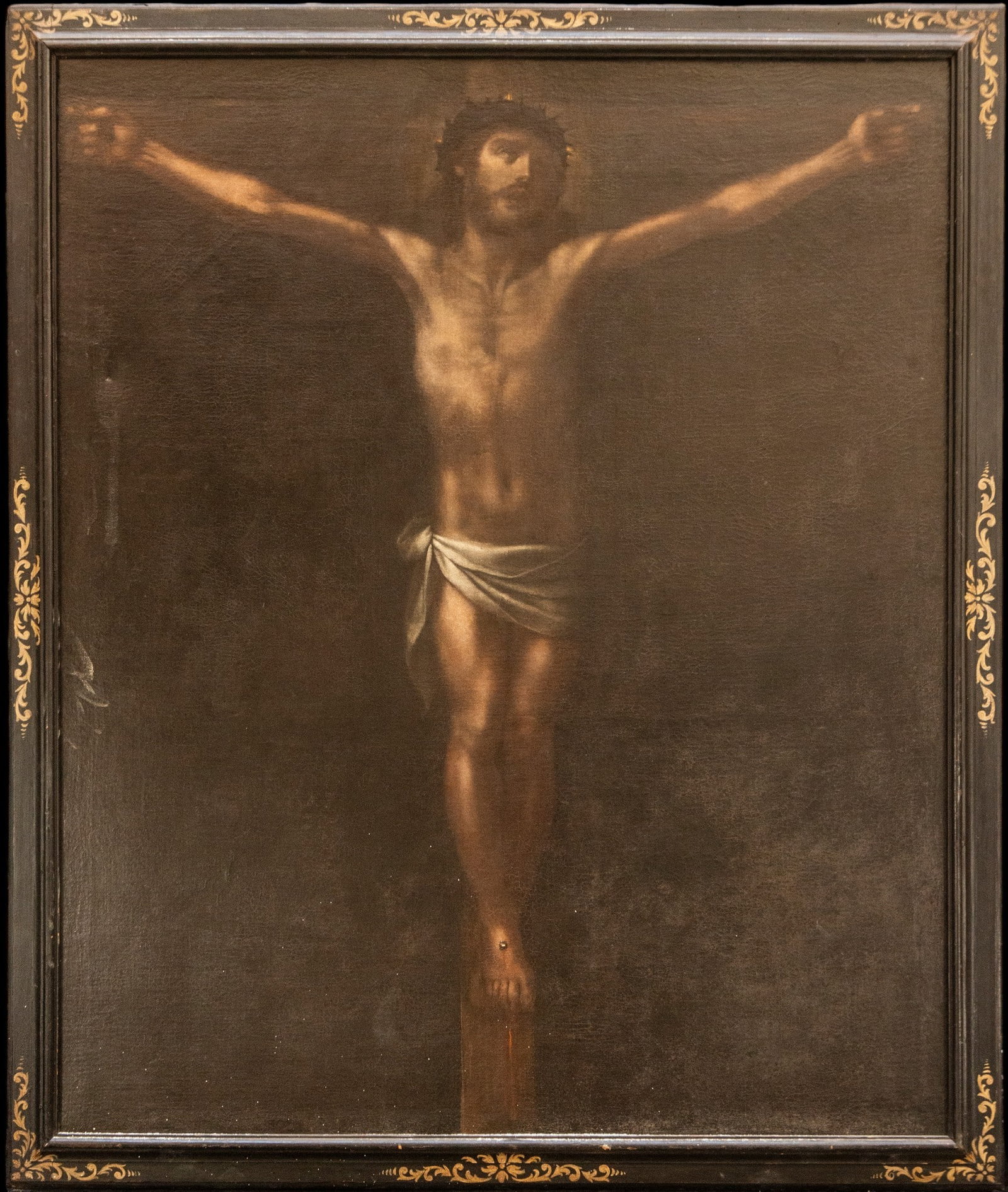 Christ Crucified, Mexican Colonial School, 17th Century: Oil on canvas. Measurements: 133 x 110 cm; with frame 146 x 122 cm.