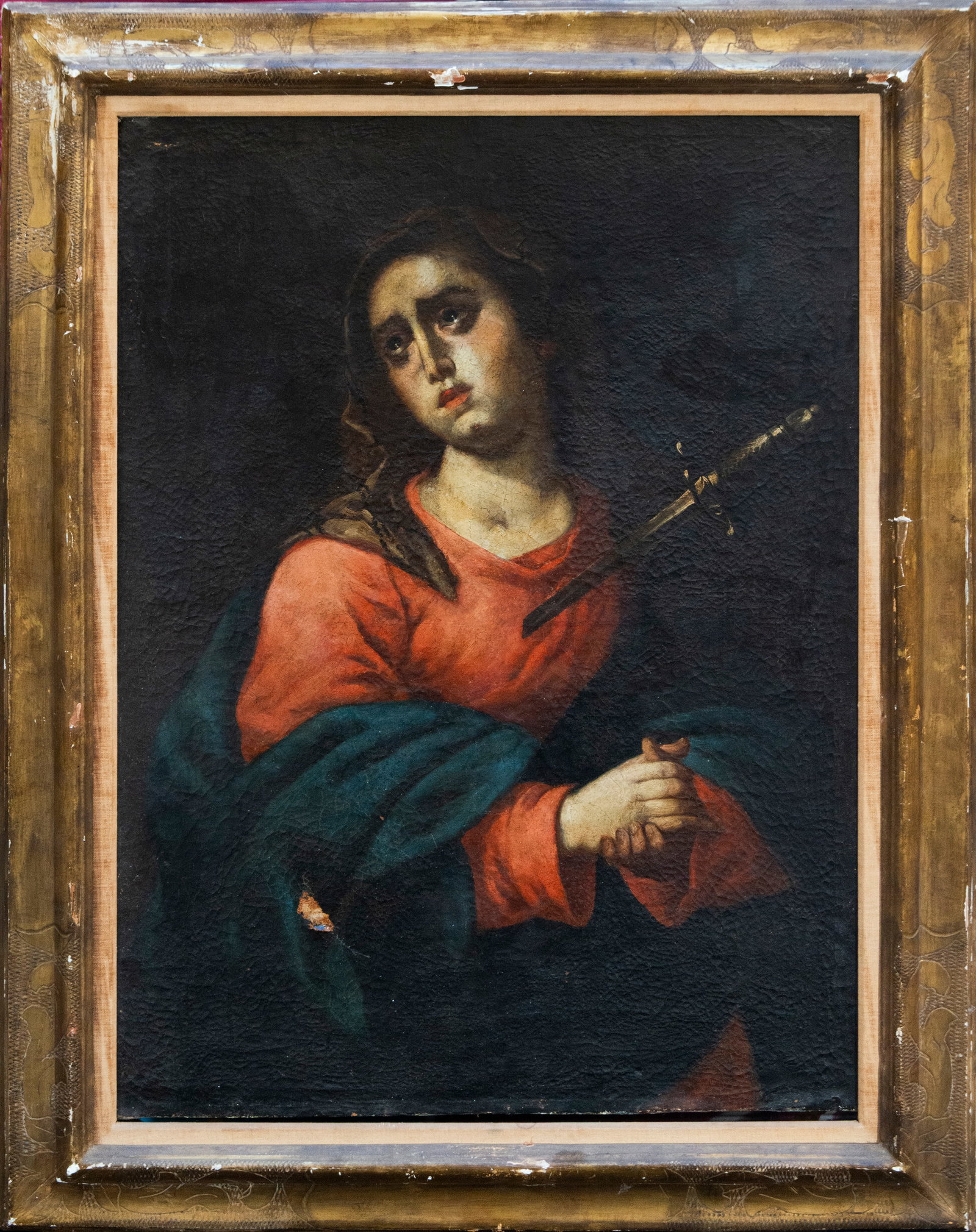Our Lady of Sorrows, Spanish School, 18th Century: Oil on canvas. Dimensions: 86 x 63 cm; framed 105 x 80 cm. Devotional image of Our Lady of Sorrows, half-length, with her head bowed and her gaze raised in an expression of restrained suffering. She w