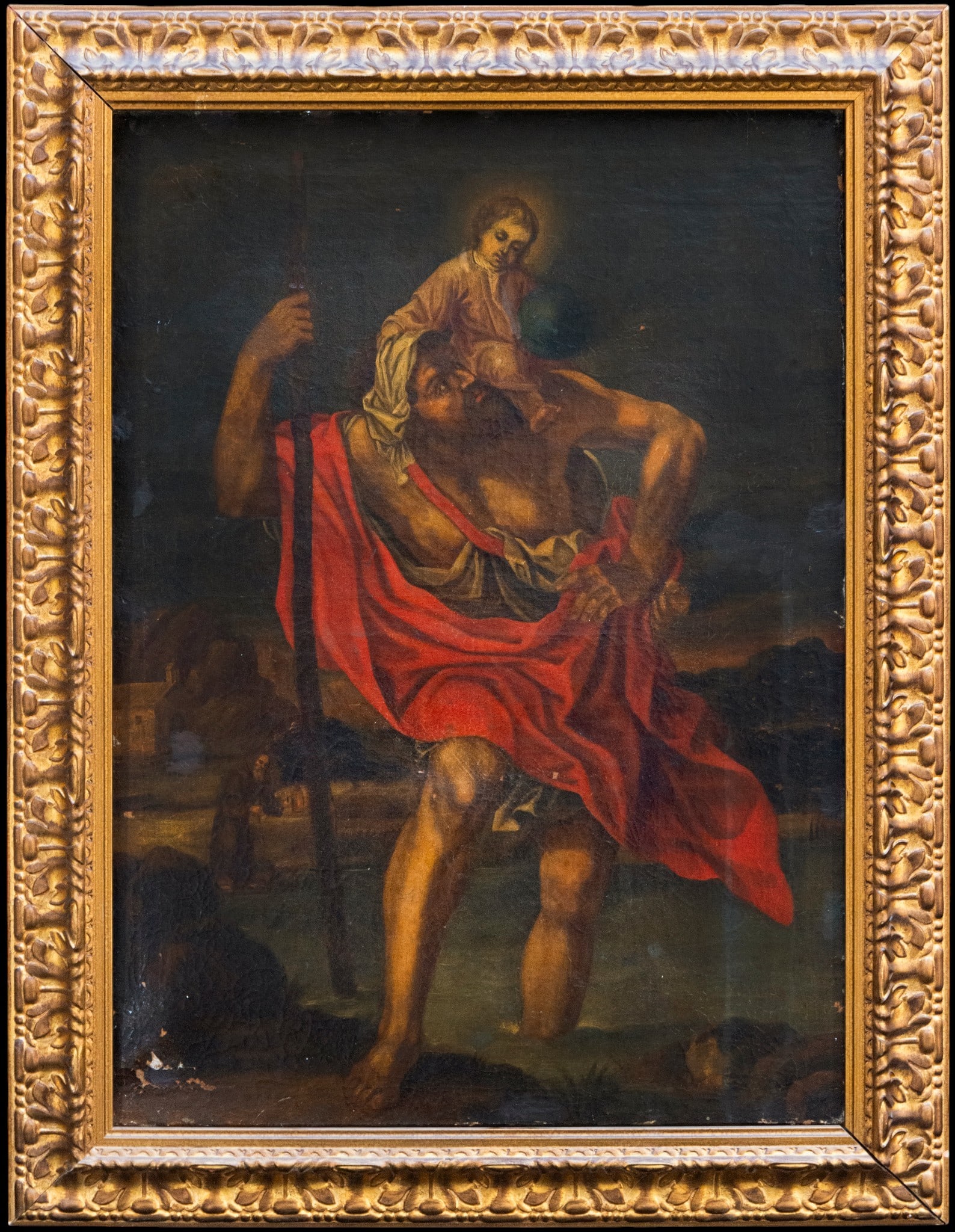 Saint Christopher with the Child, Spanish School, 18th Century: Oil on canvas. Dimensions: 70 x 50 cm; framed 85 x 64 cm. Religious scene depicting Saint Christopher walking on water while carrying the Christ Child on his shoulders and holding a staff. The saint i