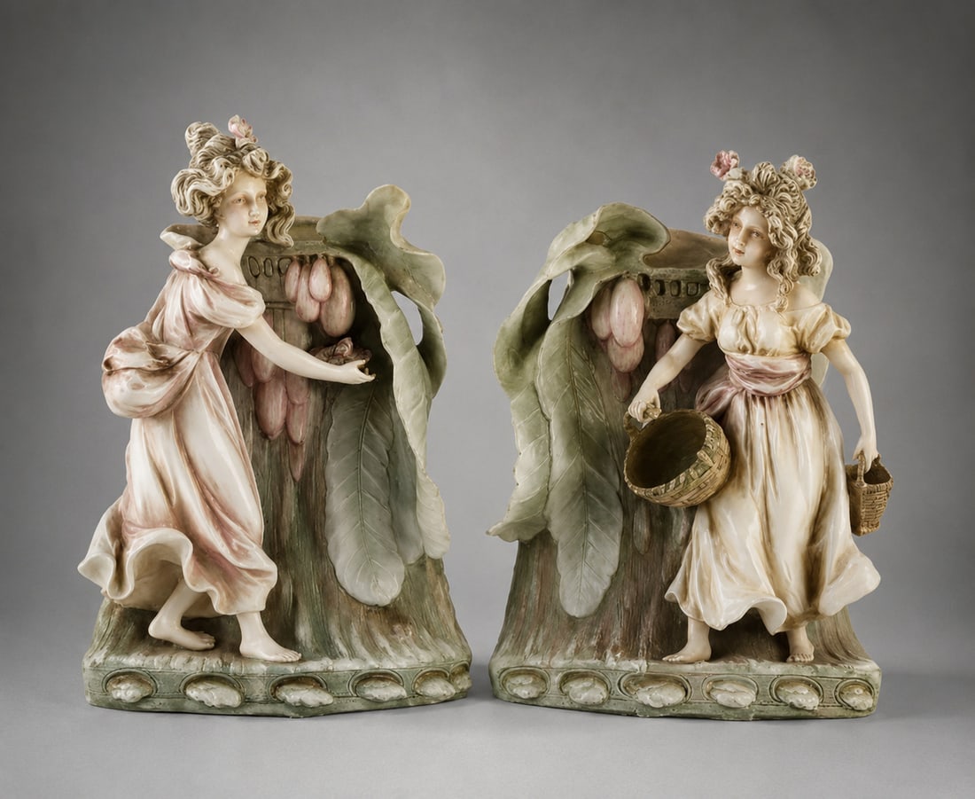 Pair of vases with female figures, European Art Nouveau style, 20th century: Polychrome bisque. Dimensions: 27 x 10 x 19 cm. Pair of delicate sculptural vases composed of young female figures adorned in flowing gowns and accompanied by baskets, integrated into vegetal structur
