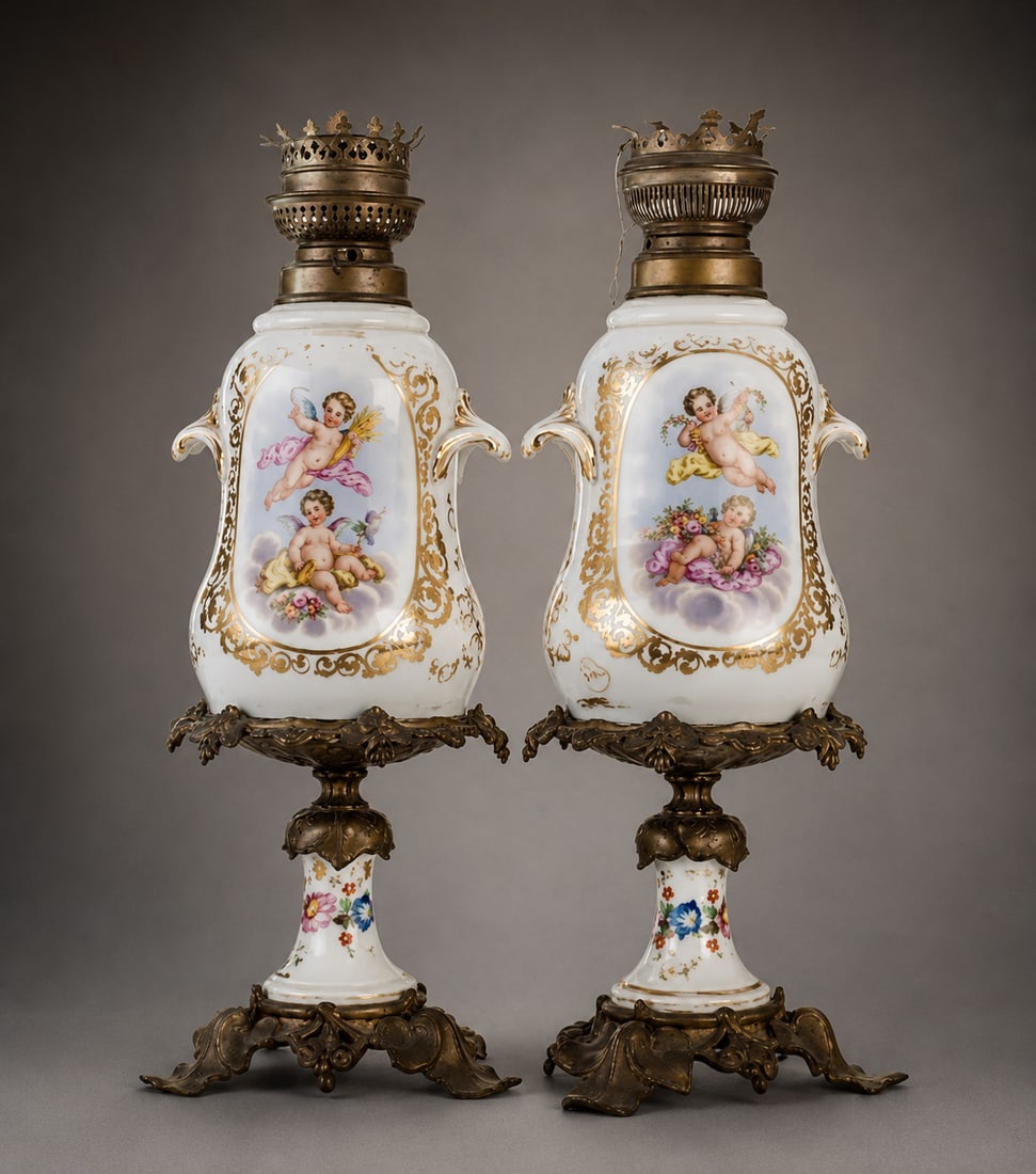 Pair of Elizabethan oil lamps in enameled porcelain and gilt bronze, European School, 19th Century: Glazed porcelain and gilt bronze. Dimensions: 41.5 x 13 cm. An elegant pair of Elizabethan-inspired oil lamps with porcelain reservoirs decorated with oval resists featuring cherubs amidst clouds and 