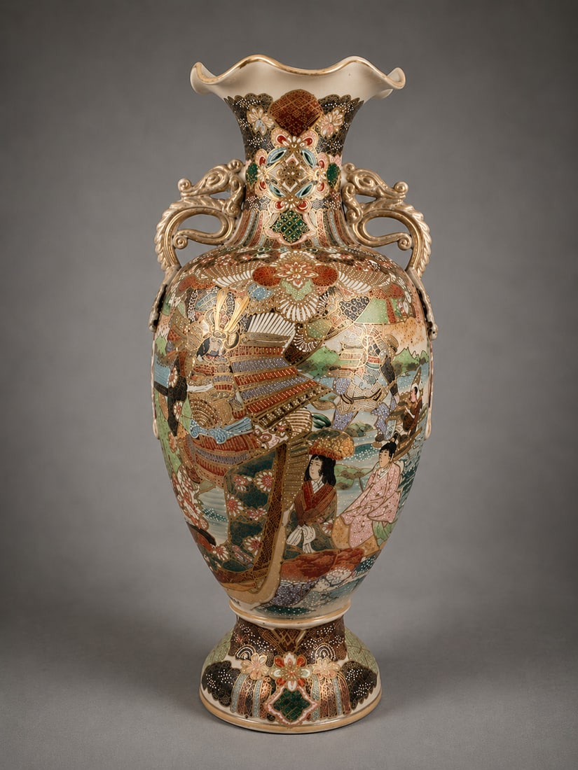 Satsuma vase with courtly scenes and zoomorphic handles, Japanese School, 19th-20th century (1 of 1)