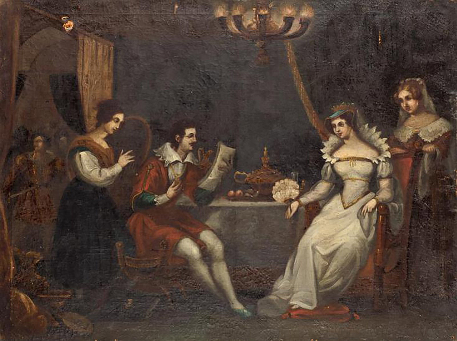 Courtly scene in an interior, Spanish School, 19th century: Oil on canvas. A courtly scene set in a refined interior with theatrical undertones, where several elegantly dressed figures participate in a musical and literary evening illuminated by a suspended ch