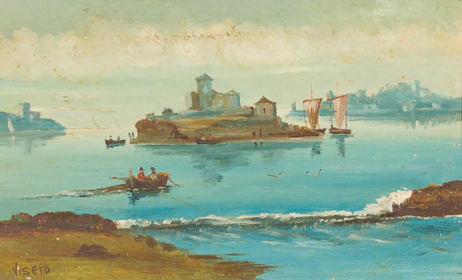 View of the lake with island, Signed Visero, Spanish School, 20th Century (1 of 1)