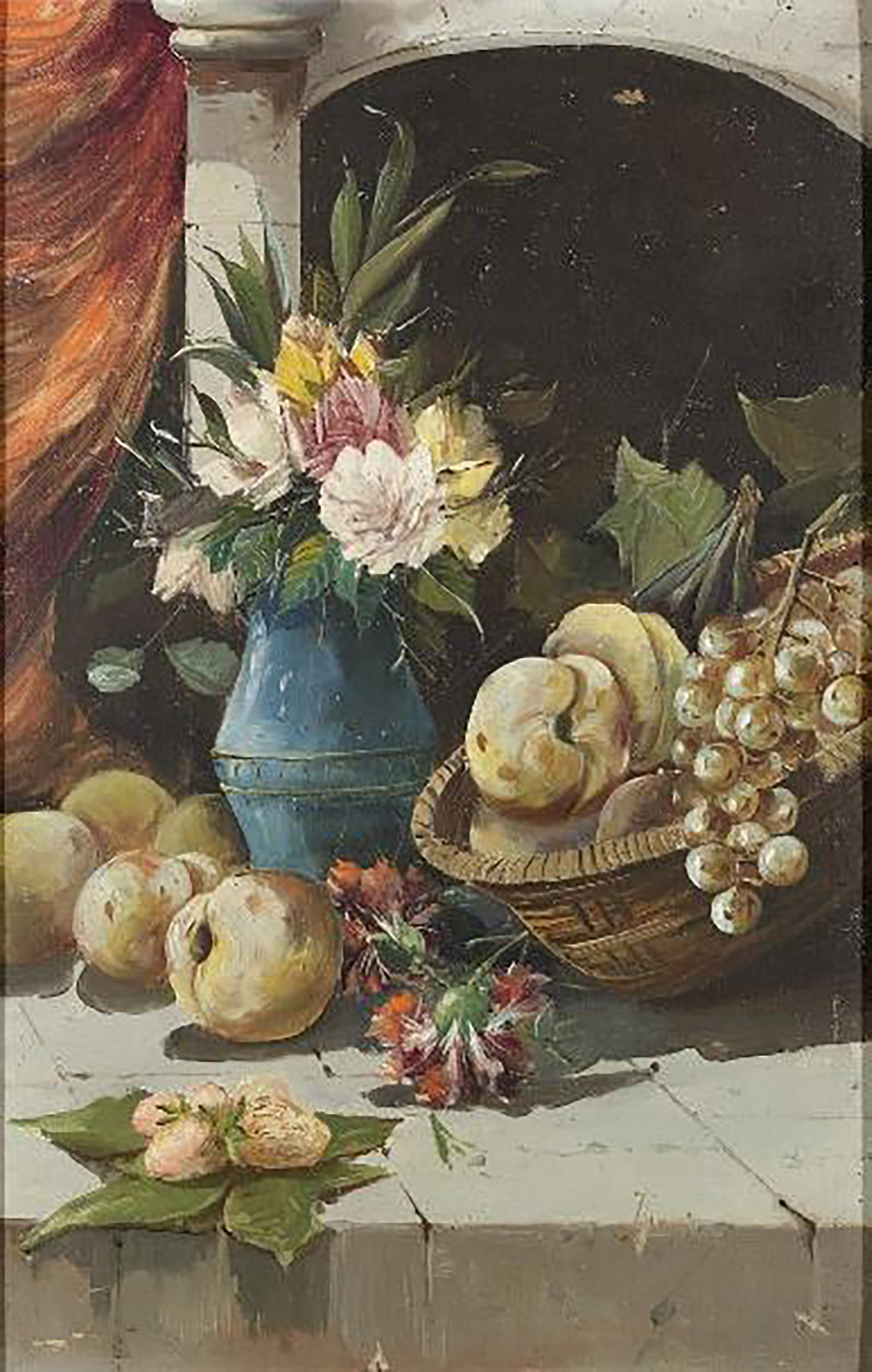 Still life with flowers and fruit, Signed Jardines, Gaditana School, 19th-20th century: Oil on canvas. Still life arranged next to an architectural opening with abundant fruits, flowers, and household vessels distributed on a stone surface. The translucent grapes, peaches, and multicolor