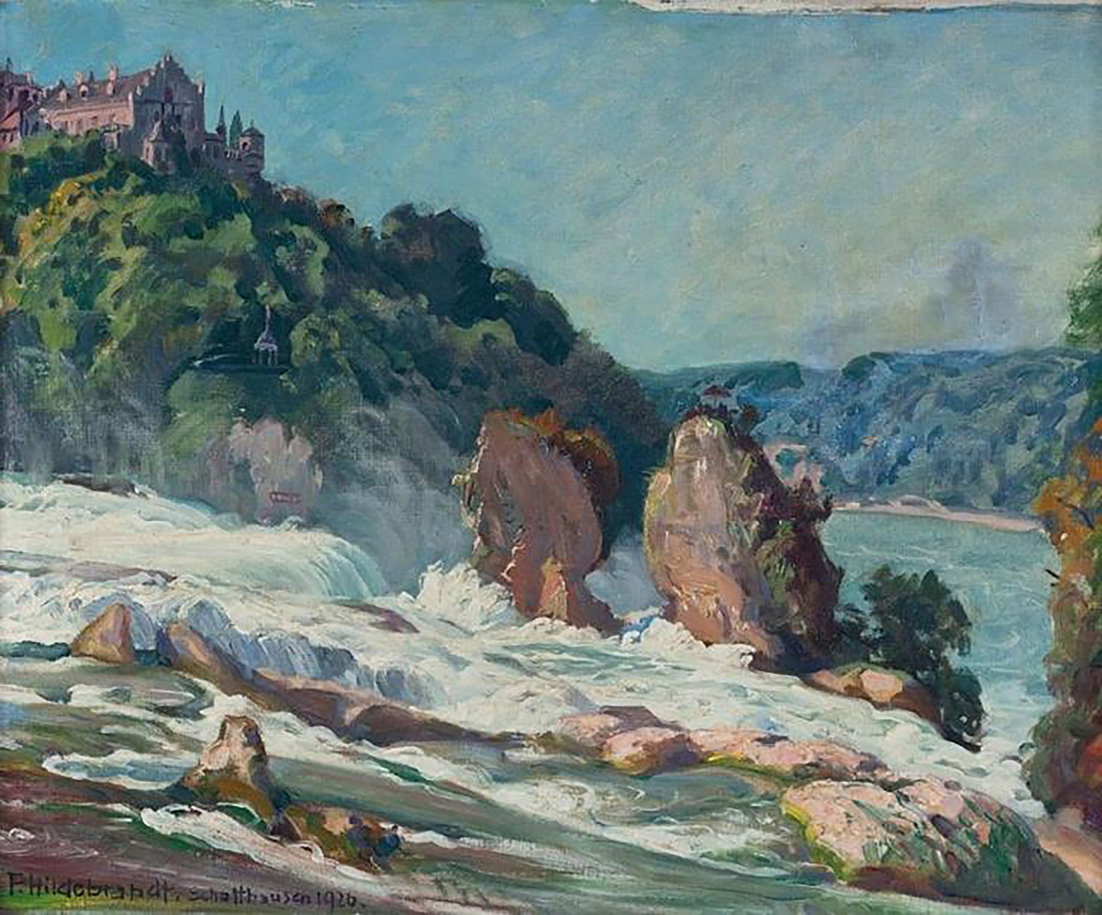 Bavarian Landscape, Hildebrandt 1926, German School, 20th Century: Oil on canvas. An alpine landscape dominated by a powerful waterfall cascading between towering rock formations, surmounted by buildings and vegetation that blend seamlessly into a brightly lit mounta