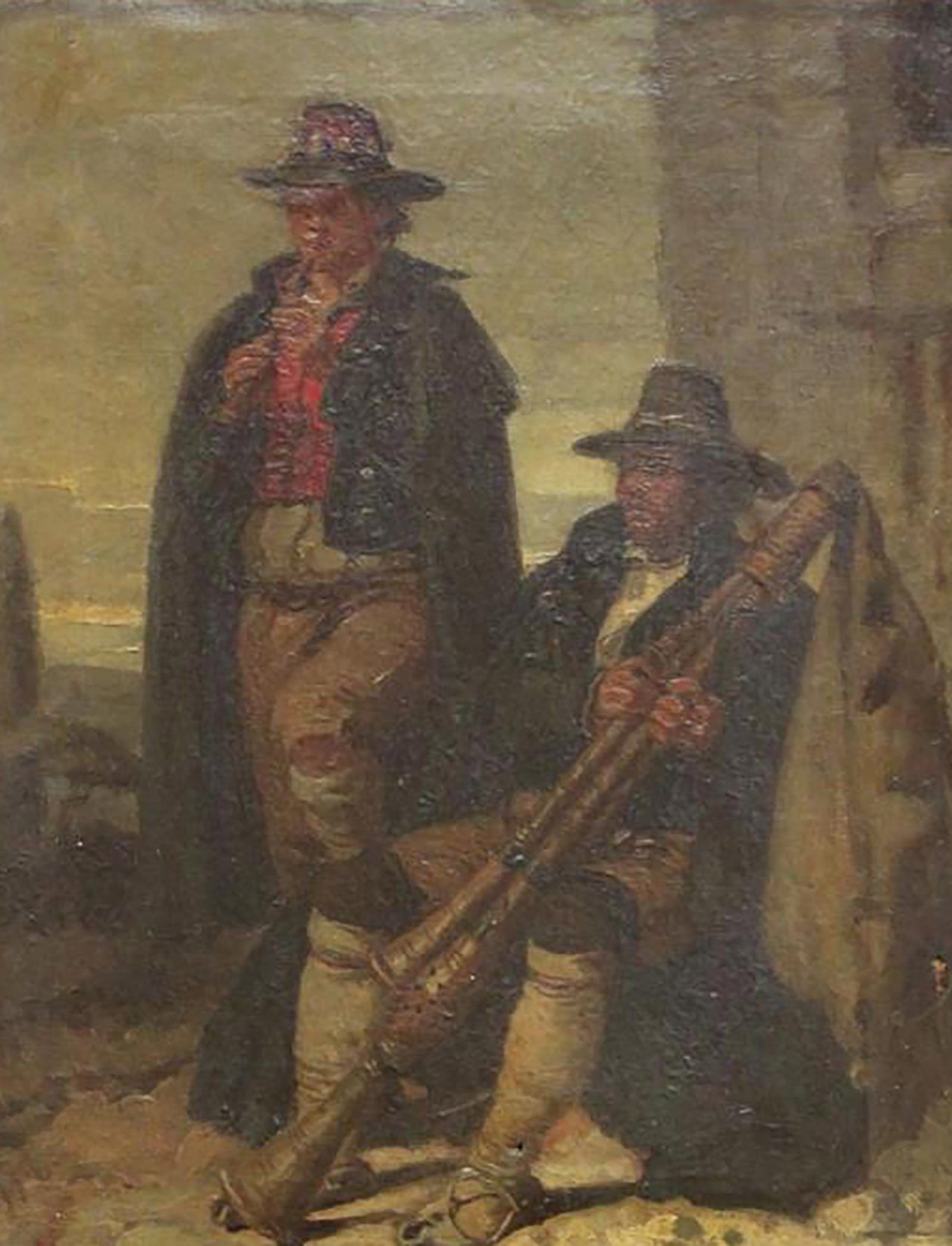 Street musicians, Spanish School, 19th Century: Oil on canvas. Genre scene featuring two folk musicians dressed in dark capes and traditional hats playing wind instruments in a dimly lit setting. The composition focuses attention on the figures thr