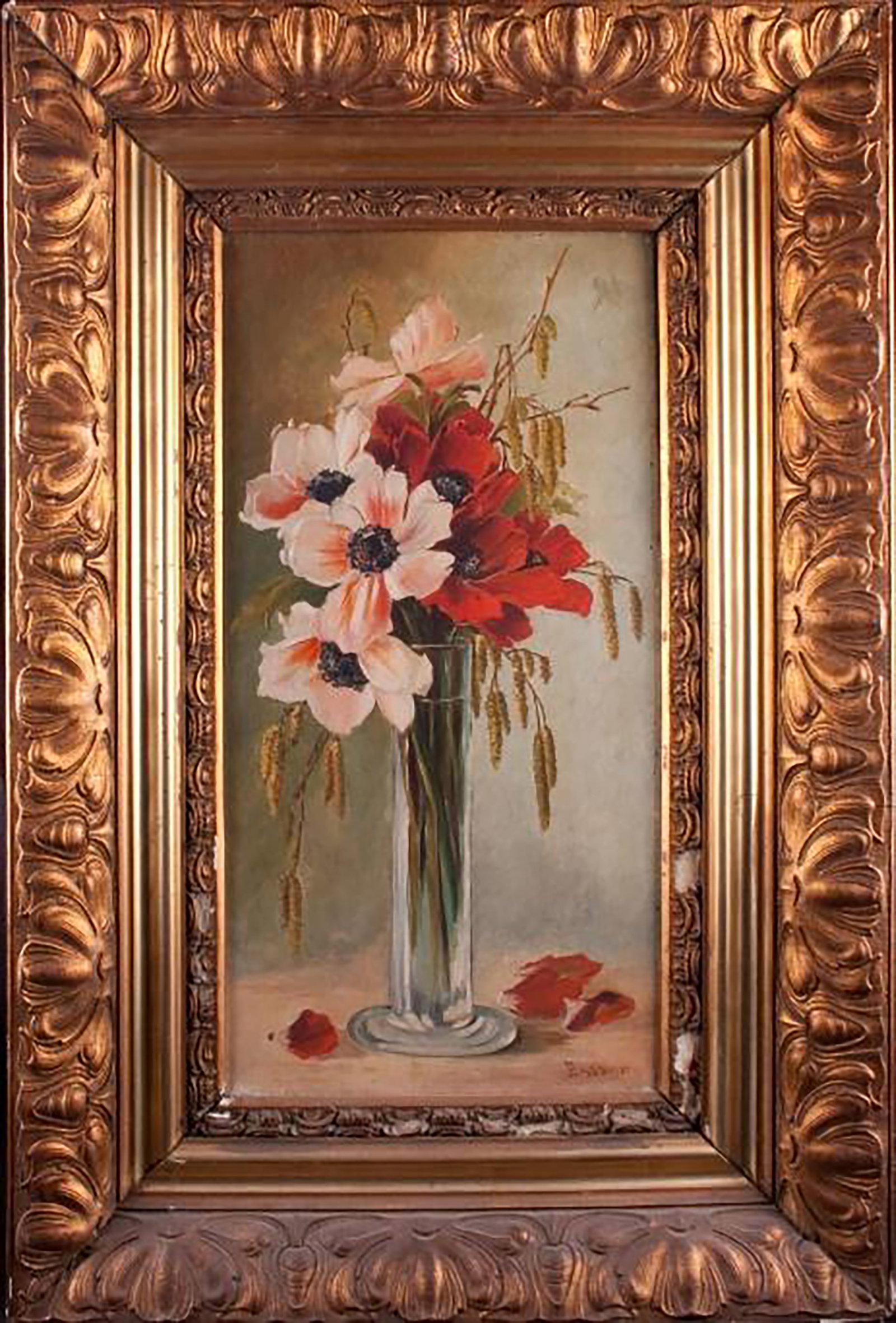 Vase with flowers, Signed P. Lammers, European School, 20th Century: Oil on canvas. Floral composition centered on a stylized glass vase containing white and red anemones accompanied by ears of wheat and ornamental stems. The flowers stand out against a softly luminous