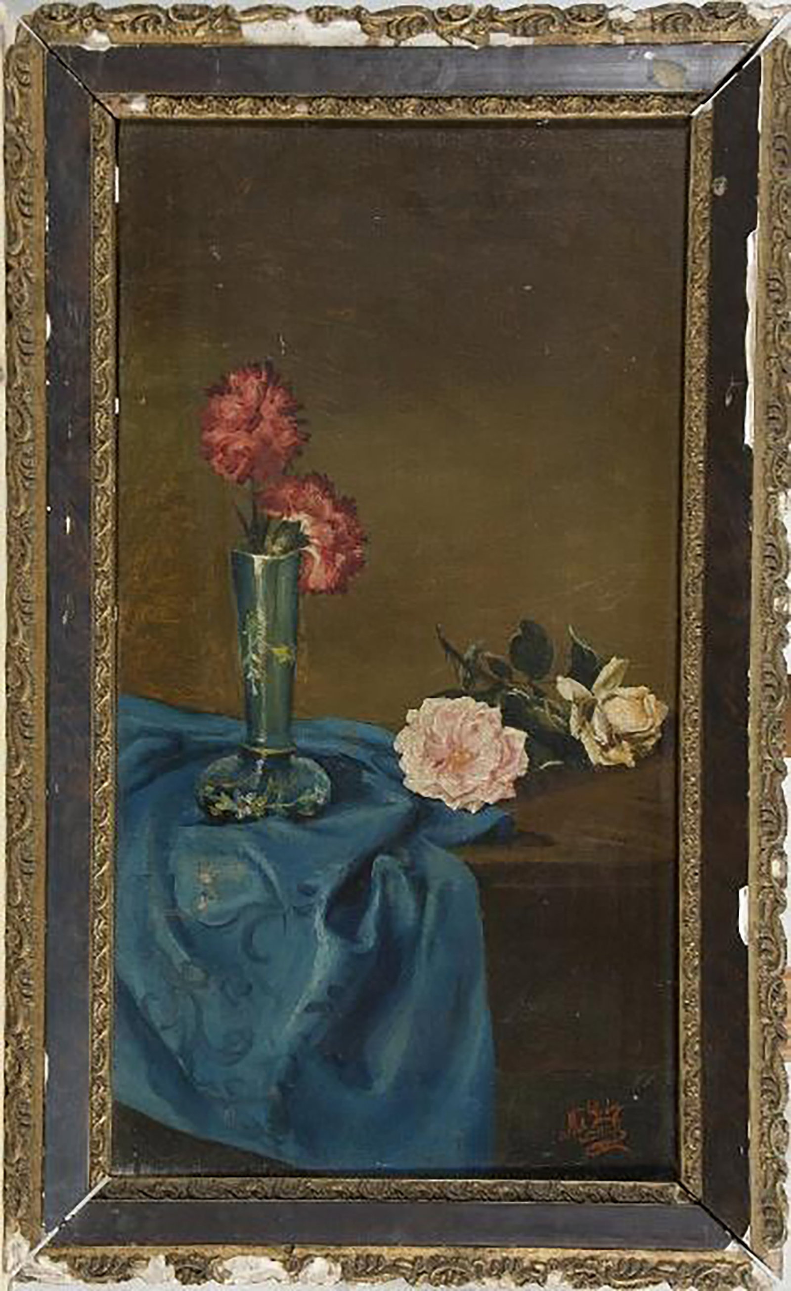 Vase on canvas, Signed María Godoy, Gaditan School, 20th Century: Oil on canvas. Floral still life arranged on a table covered with a blue cloth, where a glass vase holds pink and reddish flowers accompanied by other flowers placed to the side. The composition is ch