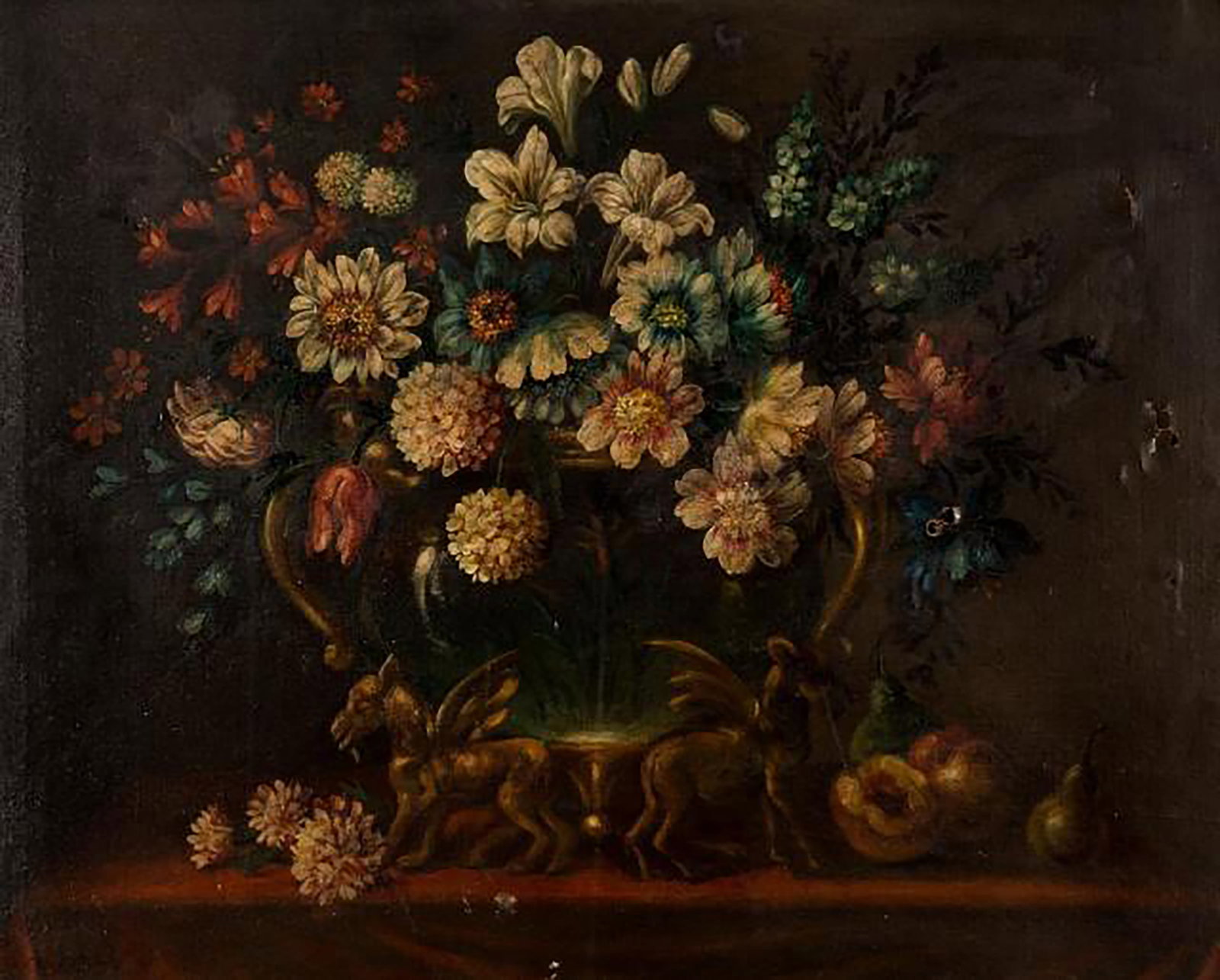 Vase, Spanish School, 19th Century: Oil on canvas. A sumptuous Baroque vase composed of an exuberant accumulation of multicolored flowers arranged in an ornamental vase with handles and sculptural elements. The composition stands out fo