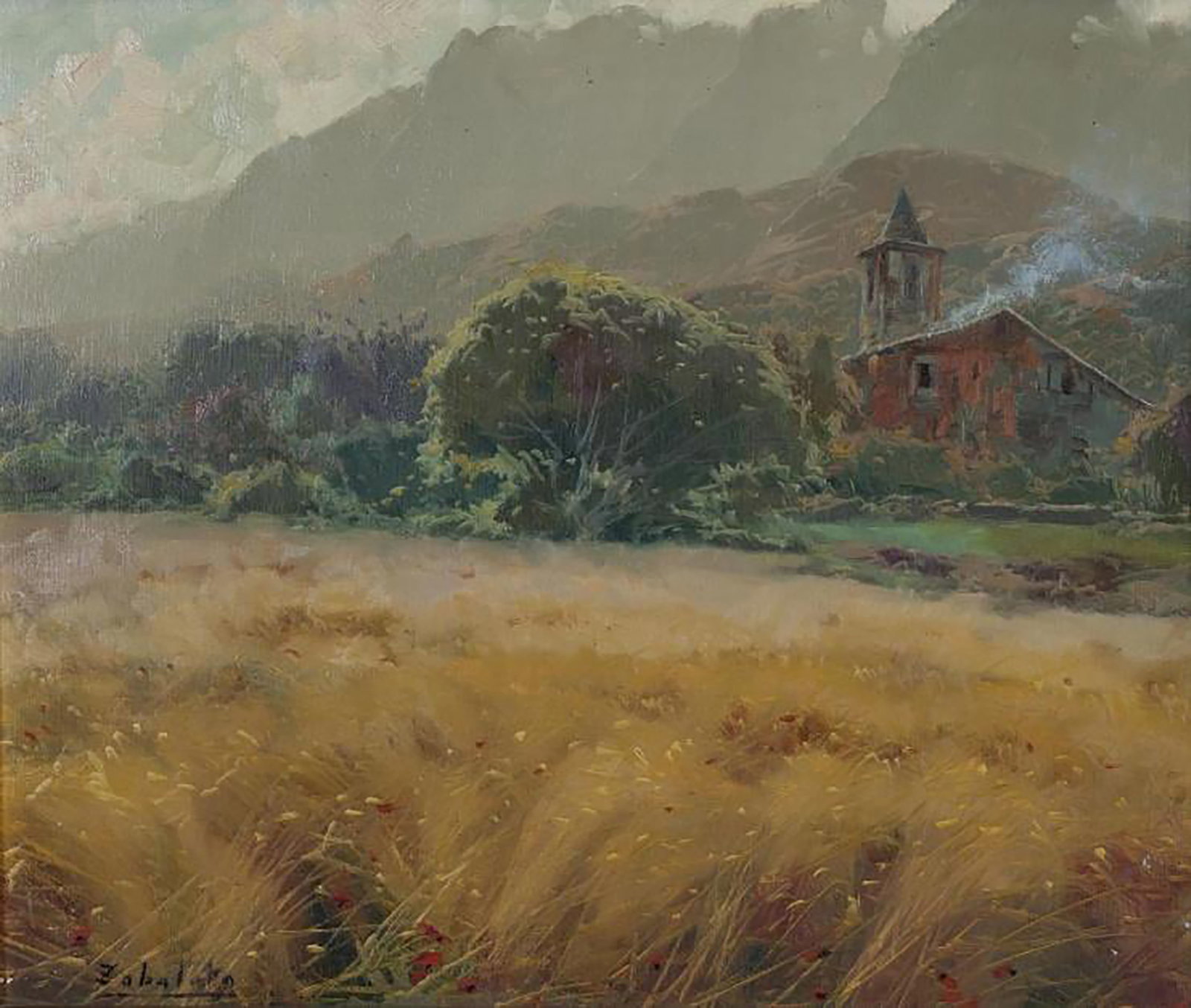 Countryside landscape, Signed Zabaleta, Spanish School, 20th Century: Oil on canvas. A broad-view rural landscape dominated by a golden field in the foreground and a rural building amidst lush vegetation at the foot of mountains softened by the atmosphere. The loose, lu