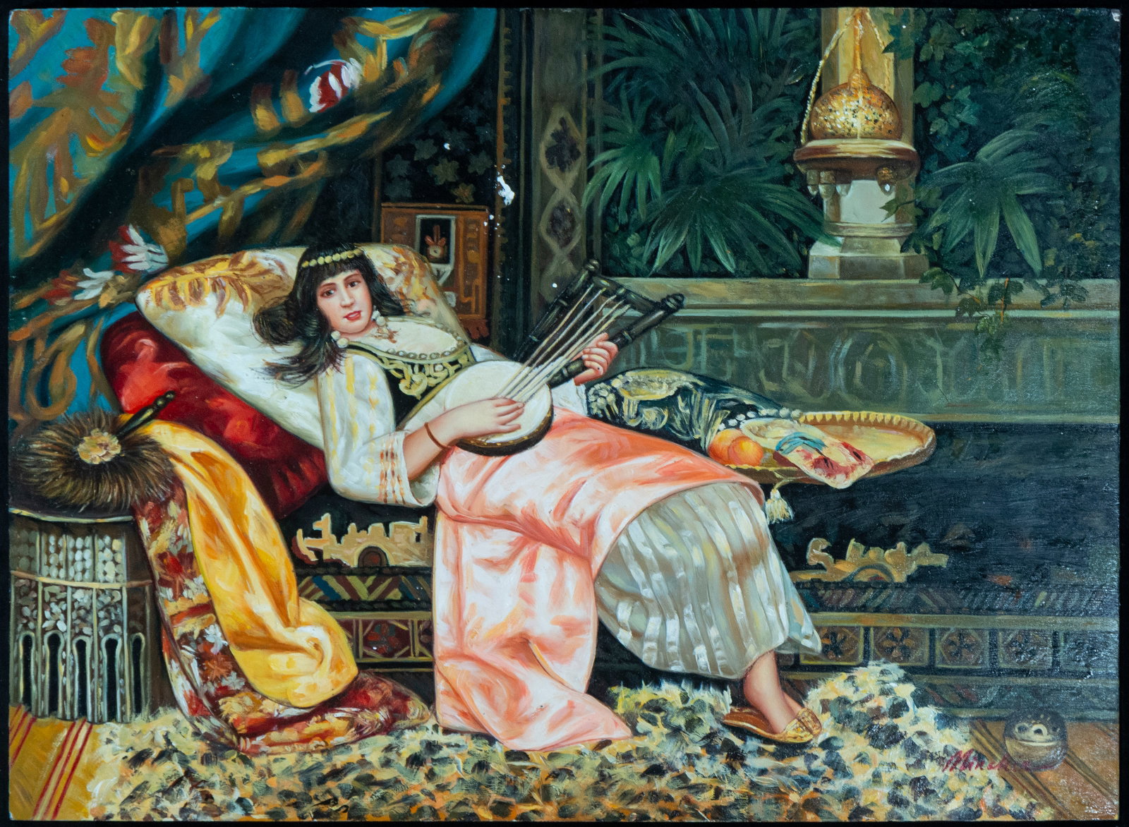 Reclining Orientalist Odalisque, signed, 19th-20th century: Measurements: 41 cm x 31 cm.